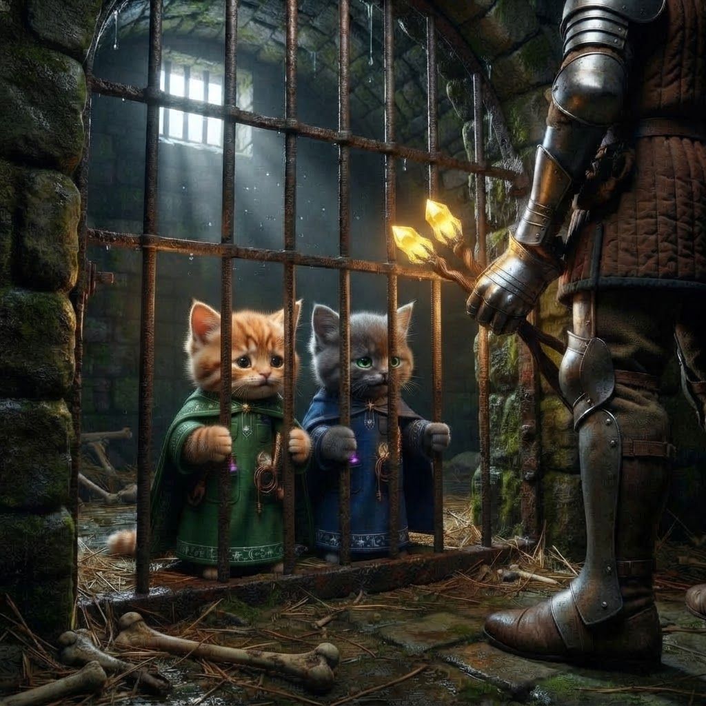AI Design for Make these two cats friends get stuck in or like a realistic cell like medieval age fantasy stuff like a metal cage and it's all dirty and stuff and they were captured but like human nights or like very tall you know and they're now confined and stuck in the capture their like staffs so they can use them what the night is holding their staffs