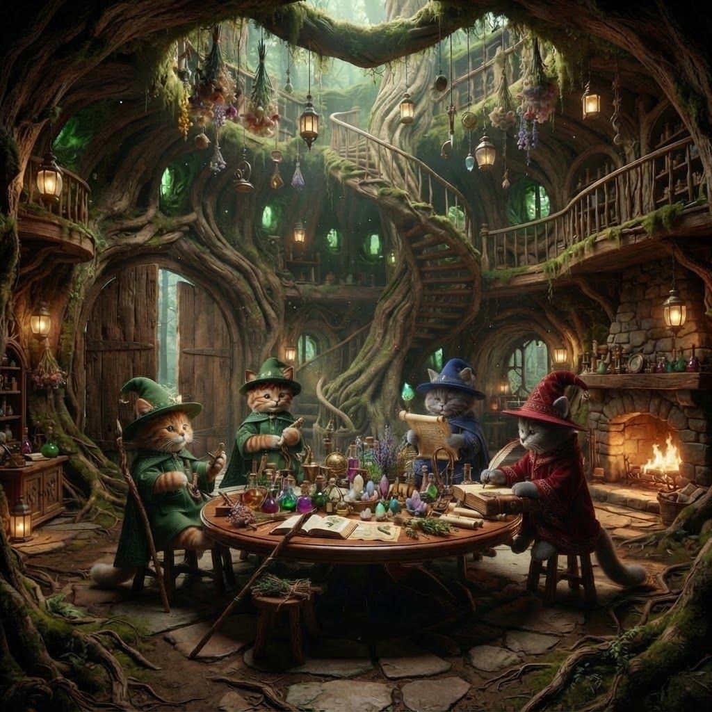 AI Design for 🌳 1. Main Entrance Hall — “Welcome to Wizard's Hollow”
PHOTOREALISTIC LIVE-ACTION DARK-FANTASY FILM STILL. The enormous interior entrance hall of Wizard's Hollow, a magical home built inside a gigantic ancient hollow tree in Elderwood. The room is spacious despite being inside the tree, with enormous curved living-wood walls, exposed roots, moss, vines and natural wooden textures.
Huge double wooden doors are visible behind the viewer's perspective, while the room opens into a grand circular chamber. Three bipedal cat wizards—Walthazar Embermane, Jonathan Bartle Gergenrath and Bartholomew Crumpet—stand naturally together near the center, welcoming visitors.
The room contains a beautiful combination of all three wizards' belongings: colorful potion bottles, books, herbs, crystals, scientific instruments, strange containers, maps, scrolls, candles and magical curiosities. Herbs, lanterns, dried flowers and small objects hang from the ceiling. A large wooden table occupies the center, surrounded by stools and chairs.
A magnificent spiral staircase made from living wood winds upward around the inside of the tree trunk. Small balconies and shelves are built into the walls around it.
Warm fireplace and lantern light illuminate the room, with soft green light filtering through small openings in the tree.
Photorealistic, realistic feline fur and anatomy, realistic wood grain, moss, fabric, glass and stone, cinematic depth of field, subtle film grain, natural practical lighting, high-budget live-action dark-fantasy cinematography. No cartoon, illustration, anime or 3D animation. But actually make the cats rest sit do not take any of their clothes off just make them relax and have fun