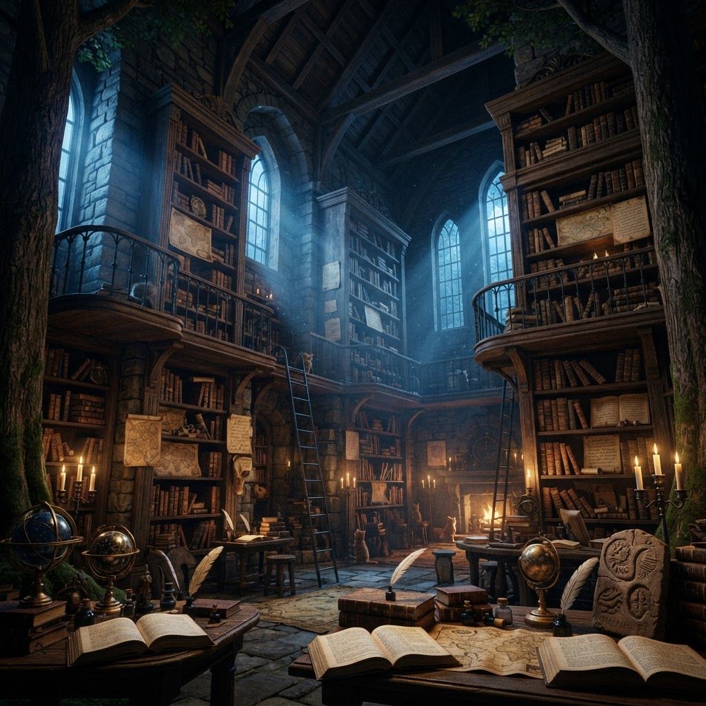 AI Design for 📚 4. Elderwood Archive
Photorealistic cinematic dark-fantasy interior of the ancient Elderwood Archive. An enormous medieval library built inside an old stone-and-timber structure surrounded by giant trees. Towering wooden bookshelves reach toward the ceiling, filled with ancient books, scrolls, maps and handwritten manuscripts. Narrow wooden balconies and ladders connect different levels. Warm candles and fireplaces illuminate the archive with golden light while cool blue moonlight enters through tall windows. Dust particles drift naturally through the beams of light. Tables contain open books, quills, ink bottles, maps and strange historical artifacts. A few distant cat librarians quietly work among the shelves. Realistic architecture and materials, cinematic depth of field, moody dark-fantasy lighting, subtle film grain, mysterious but cozy, like a high-budget live-action fantasy film. No cartoon, no illustration