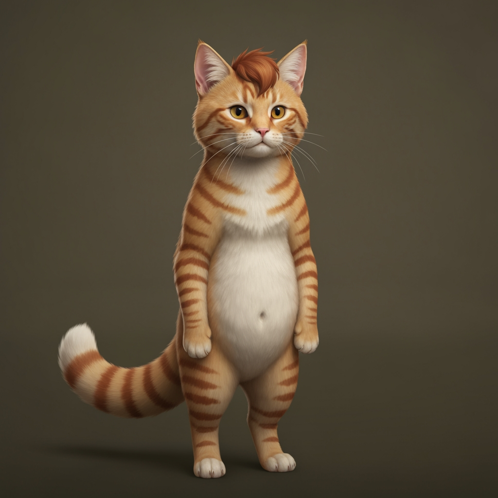 AI Design for 🐈 PROMPT 1 — EMBERMANE TABBY
Create a character-design reference template showing a simple, unclothed orange tabby cat standing upright in a neutral pose, facing slightly toward the viewer. The character should have natural realistic feline anatomy, four paws, a fluffy tail, pointed ears, a rounded cat face, and realistic detailed orange fur. Give the cat distinctive reddish-brown tabby stripes, including the recognizable two stripes on each cheek, darker striped legs and tail, a warm cream-colored muzzle, chest and rounded belly, and slightly darker reddish-brown fluffy head fur resembling Jasper Embermane's signature hair. No clothing, weapons, accessories, or props. The character should look like a clean, iconic base template for a medieval woodland fantasy character creator. Cinematic realistic storybook fantasy photography, natural forest lighting, detailed fur, earthy colors, believable
