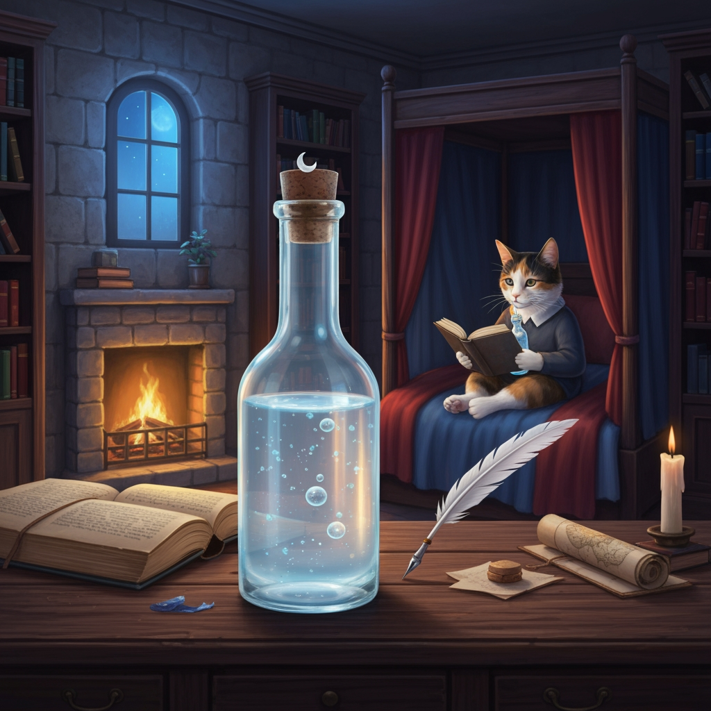 AI Design for 📚🍵 Archive Loft Drinks
🌙 1. Moonmelt Tonic
Flavor:
Sweet honey, soft berries, and a faint floral aftertaste. It finishes with a gentle coolness.
How it's taken:
Served warm or room-temperature in a small glass bottle. The librarian takes slow little sips while reading, rather than drinking it all at once.
Image prompt — drink:
A beautifully presented fantasy drink called Moonmelt Tonic, displayed alone on an old wooden library table inside the Elderwood Archive Loft. A small elegant glass bottle filled with translucent pale-blue liquid, tiny silver-blue particles floating inside, a few moon-shaped bubbles near the surface, a cork stopper decorated with a tiny crescent moon. Beside it are an open ancient book, a quill, rolled maps and a candle. Warm fireplace light reflects beautifully through the bottle, contrasting with cool blue moonlight from the window. Gray, deep red and muted blue surroundings, cinematic realistic woodland fantasy, highly detailed glass and liquid, cozy scholarly atmosphere, no characters, the bottle and drink clearly visible and centered.
Image prompt — drinking:
A realistic calico cat librarian sitting comfortably in the tall four-poster bed of the Elderwood Archive Loft, peacefully reading an old book while holding a small glass bottle of Moonmelt Tonic in one paw and taking a gentle sip. Warm fireplace glowing nearby, gray stone walls, deep red and blue blankets, bookshelves surrounding the room, cozy nighttime atmosphere, cinematic realistic fantasy, natural feline proportions, peaceful and nostalgic.