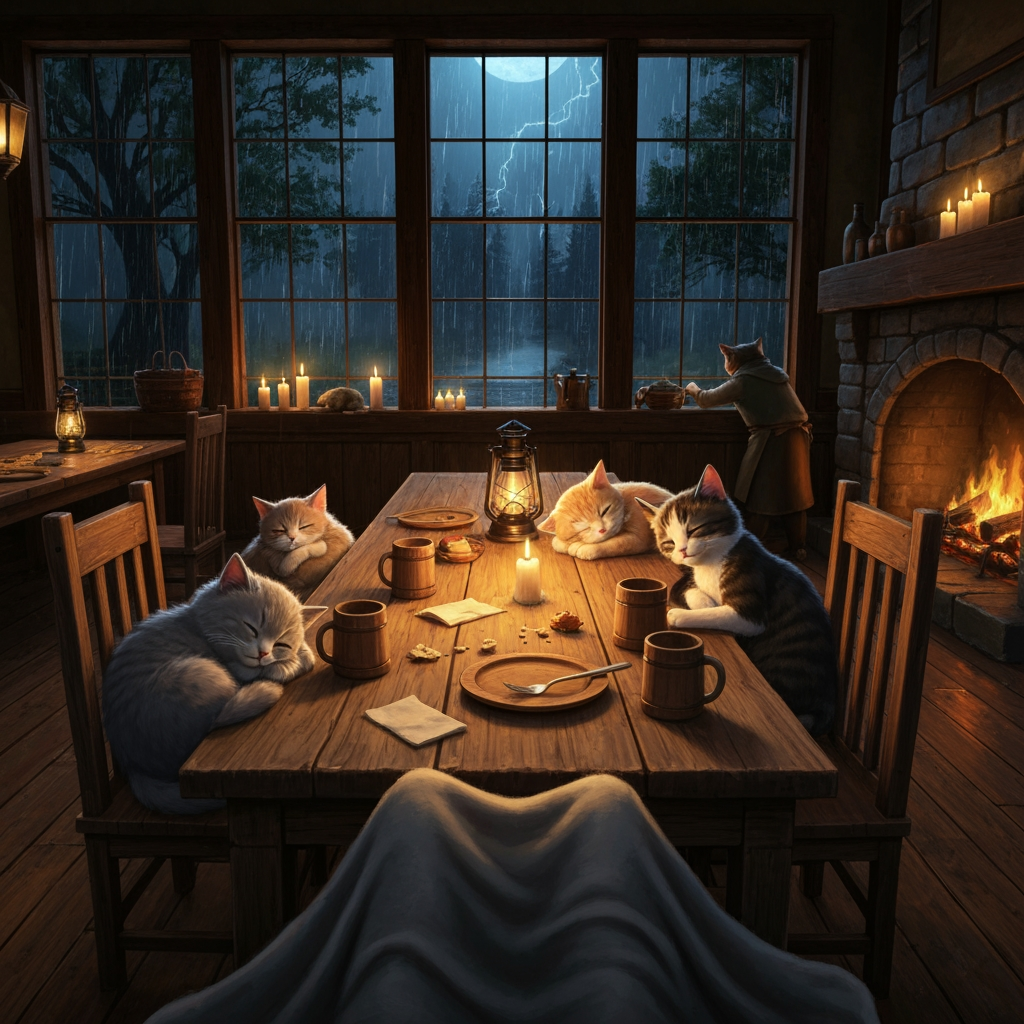 AI Design for Oh yeah, that makes it way cozier—you're not the only one who accidentally passed out. 😭🐈

🌧️ POV: You Fell Asleep in the Tavern

> Photorealistic cinematic dark-fantasy POV scene inside the Bushwhack Tavern in Elderwood on a rainy night. The viewer is a small bipedal cat, and the camera represents their first-person perspective while they are peacefully resting at a large rustic wooden table.

Several other small bipedal cats of different breeds, colors and fur patterns are also asleep around the same table. One is a fluffy gray cat curled up with its head resting on its paws, another is a cream-and-orange cat sleeping against a wooden chair, another is a black-and-white cat wrapped in a small cloak, and another tabby cat is peacefully sleeping beside the viewer. Their poses should feel natural and relaxed, like a group of tired travelers who stayed too late at the tavern.

The table contains half-finished meals, ceramic mugs, a few crumbs, a wooden plate and a small lantern. A soft blanket covers the viewer's lower body, reinforcing the feeling that someone noticed everyone falling asleep and made them comfortable.

The tavern is nearly empty. Behind the sleeping cats, a quiet tavern cat slowly cleans the counter while another tends the large stone fireplace.

Through the tall rain-covered windows, heavy rain falls over the nighttime Elderwood forest. Enormous dark trees are visible outside, their wet leaves reflecting occasional flashes of distant lightning. Rain runs down the glass, and the wet cobblestone street outside reflects the warm golden glow of the tavern windows.

Inside, the only major lighting comes from the large fireplace, candles and warm hanging lanterns, creating soft amber illumination across the wooden tables and sleeping cats. The rainy forest outside is illuminated by cool blue-gray moonlight, creating a beautiful contrast between the warm interior and cold exterior.

The whole scene should feel peaceful, sleepy, nostalgic and incredibly cozy, like a forgotten scene from a fantasy show you vaguely remember from childhood.

Realistic live-action dark-fantasy cinematography, photorealistic cats with detailed natural fur, believable small bipedal feline anatomy, realistic wood, stone, fabric, food, fire and rain, cinematic depth of field, subtle film grain, natural imperfections, atmospheric lighting.

First-person POV, no visible human, no modern objects, no cartoon, no illustration, no anime, no 3D animation, no exaggerated proportions.