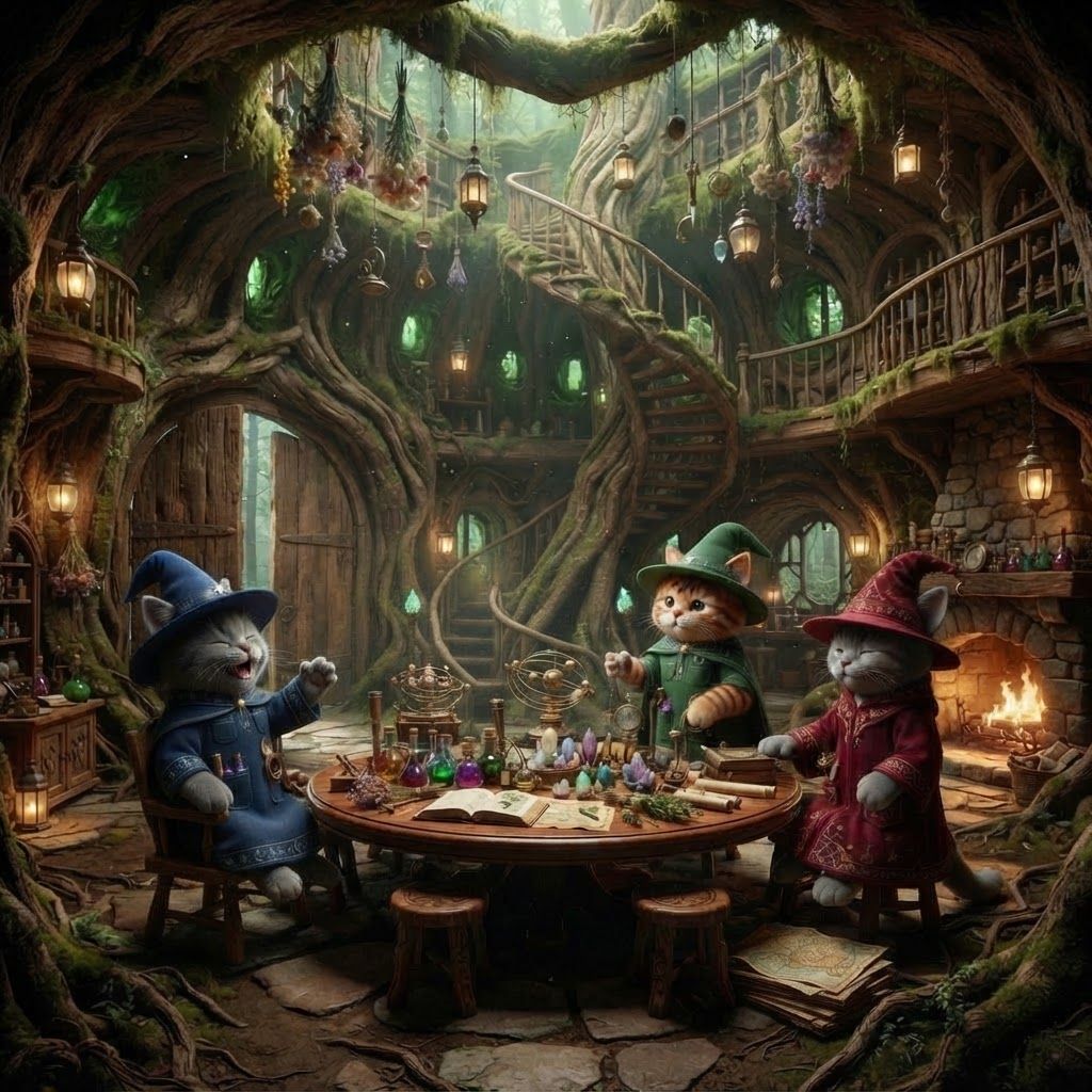 AI Design for 🌳 1. Main Entrance Hall — “Welcome to Wizard's Hollow”
PHOTOREALISTIC LIVE-ACTION DARK-FANTASY FILM STILL. The enormous interior entrance hall of Wizard's Hollow, a magical home built inside a gigantic ancient hollow tree in Elderwood. The room is spacious despite being inside the tree, with enormous curved living-wood walls, exposed roots, moss, vines and natural wooden textures.
Huge double wooden doors are visible behind the viewer's perspective, while the room opens into a grand circular chamber. Three bipedal cat wizards—Walthazar Embermane, Jonathan Bartle Gergenrath and Bartholomew Crumpet—stand naturally together near the center, welcoming visitors.
The room contains a beautiful combination of all three wizards' belongings: colorful potion bottles, books, herbs, crystals, scientific instruments, strange containers, maps, scrolls, candles and magical curiosities. Herbs, lanterns, dried flowers and small objects hang from the ceiling. A large wooden table occupies the center, surrounded by stools and chairs.
A magnificent spiral staircase made from living wood winds upward around the inside of the tree trunk. Small balconies and shelves are built into the walls around it.
Warm fireplace and lantern light illuminate the room, with soft green light filtering through small openings in the tree.
Photorealistic, realistic feline fur and anatomy, realistic wood grain, moss, fabric, glass and stone, cinematic depth of field, subtle film grain, natural practical lighting, high-budget live-action dark-fantasy cinematography. No cartoon, illustration, anime or 3D animation. But actually make the cats rest sit do not take any of their clothes off just make them relax and have fun