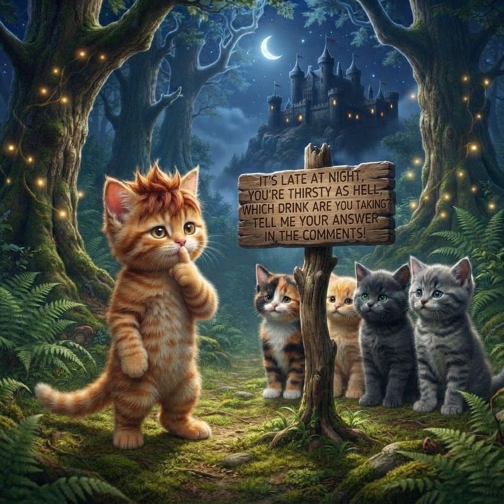 AI Design for Recreate this image with these cats but instead of a sign it says on the sign it's late at night in your thirsty AF which drink are you drinking or like which drink will you be taking and it's like actually night at in the image and it's like beautiful like the kind of shushing but also pointing at the signal fits a other hand he's looking at us telling us to shush Make the Cat look at the viewer alright now make the sign say tell me your answer in the comments but it's also night time and he's also shushing
