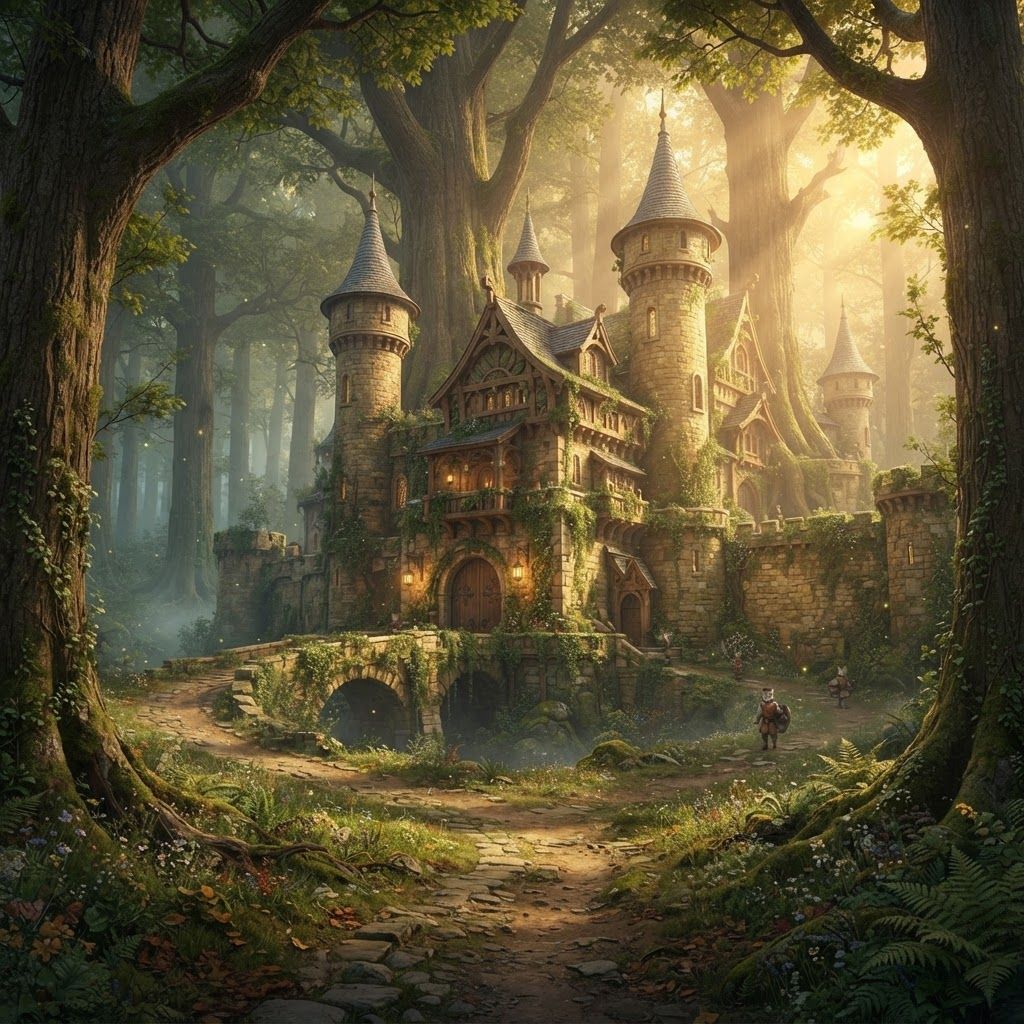 AI Design for Absolutely. Since you’re making the image yourself, I’d make the prompt emphasize the same cinematic realistic storybook look as your Jasper design, but make the castle feel like an actual landmark of Elderwood rather than a generic fantasy castle.
🏰 Elderwood Castle — Image Prompt
> A breathtaking medieval fantasy castle standing at the edge of the ancient Elderwood forest, designed in a cinematic realistic woodland storybook style. The castle should feel beautiful, mysterious, old, and completely believable, as though it has existed for centuries.
The castle is built from warm weathered gray and slightly golden stone, with tall rounded towers, elegant pointed rooftops, wooden balconies, stone bridges, narrow arched windows, carved details, ivy, moss and small plants growing naturally across the walls. Combine traditional medieval architecture with subtle woodland craftsmanship—wooden beams, carved leaves, tiny animal motifs, hanging lanterns, and beautifully crafted gates.
The castle should sit naturally among the enormous trees of Elderwood, with the ancient forest surrounding and partially framing it. Giant trees rise behind the castle, their branches forming a natural canopy around the towers. A winding stone-and-dirt road leads from the forest toward the enormous castle gates.
The scene should feel peaceful and majestic rather than dark or threatening. Warm late-afternoon sunlight filters through the trees, creating beautiful shafts of light and soft golden highlights across the castle walls. Include distant mist between the trees, subtle fireflies, moss-covered stones, wildflowers, ferns, fallen leaves and other tiny environmental details that make the forest feel alive.
Include only a few small cat guards in the distant background, standing near the castle entrance and along the walls. They should be realistic woodland cats wearing simple medieval guard clothing and carrying practical equipment. They are background details rather than the focus.
No main characters, no large groups of characters, no modern objects, no exaggerated magical effects.
Composition: wide cinematic establishing shot, castle clearly visible as the centerpiece, enormous forest surrounding it, winding path leading toward the entrance, strong sense of scale and depth.
Visual style: realistic detailed feline-and-woodland fantasy, natural realistic textures, believable stone and wood, detailed but not hyper-photorealistic, cinematic lighting, soft atmospheric depth, rich earthy greens and browns, warm golden sunlight, nostalgic storybook feeling, beautiful fantasy film concept art, subtly dreamlike and timeless.
I’d especially keep the fireflies and tiny environmental details subtle. That'll make it feel like the castle is genuinely sitting inside a living Elderwood rather than looking like a castle pasted onto a forest background. The images in the prompt bar or how I want to display you the lighting I really like this lighting because it gives off a very nostalgic feel like you're trying to revisit an old memory but you can't really get it right