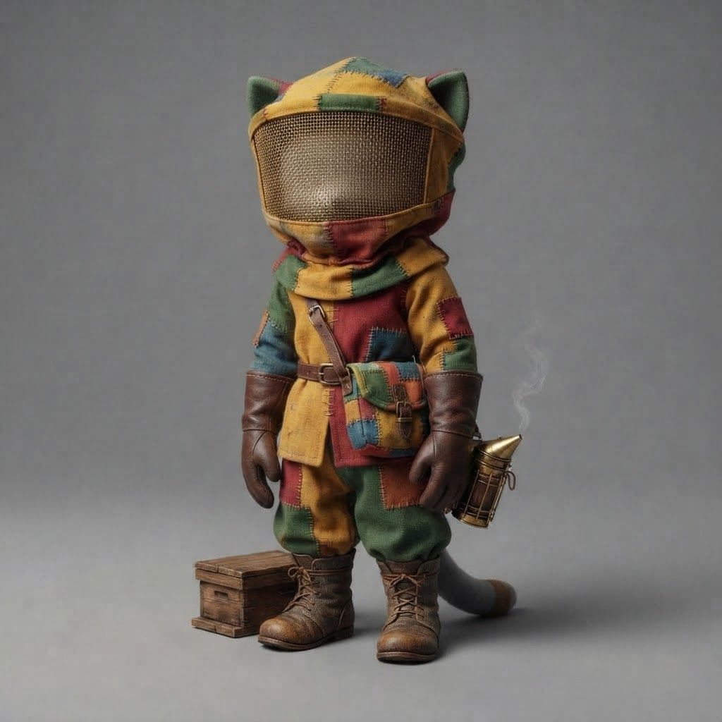 AI Design for I am writing a cat fantasy series and this is a mannequin for a cat clothes base so design and outfit for a beekeeper on this mannequin thank you very much and make the overall clothes like medieval and basic and colorful