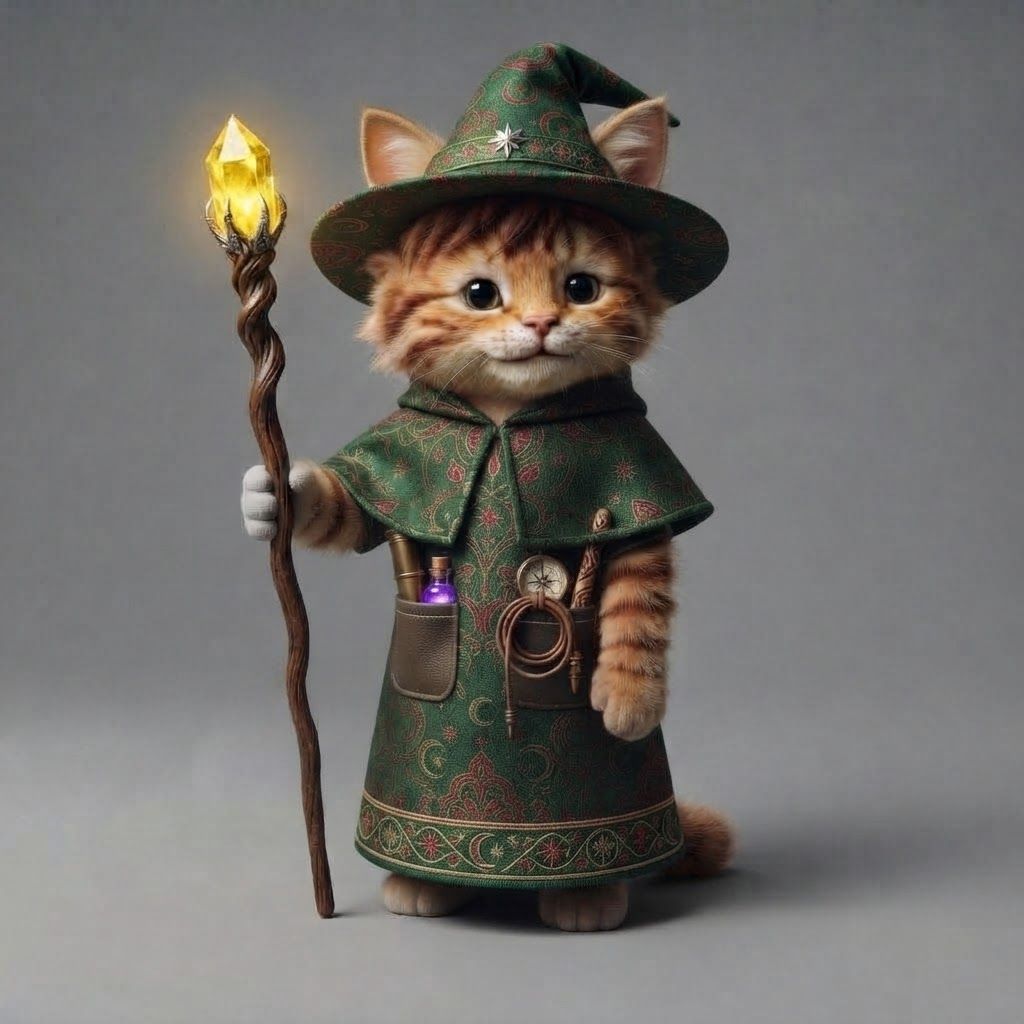 AI Design for Take this cat all of its main features details hair for stripes tips on its cat ears the colors the style everything and put on this blue wizard robe except I wanted to be short sleeved including the Cape at all the things in his pockets just make it really fantasy but make it like green with red accents in a pattern and that's it but don't over complicate the outfit make it simple and iconic