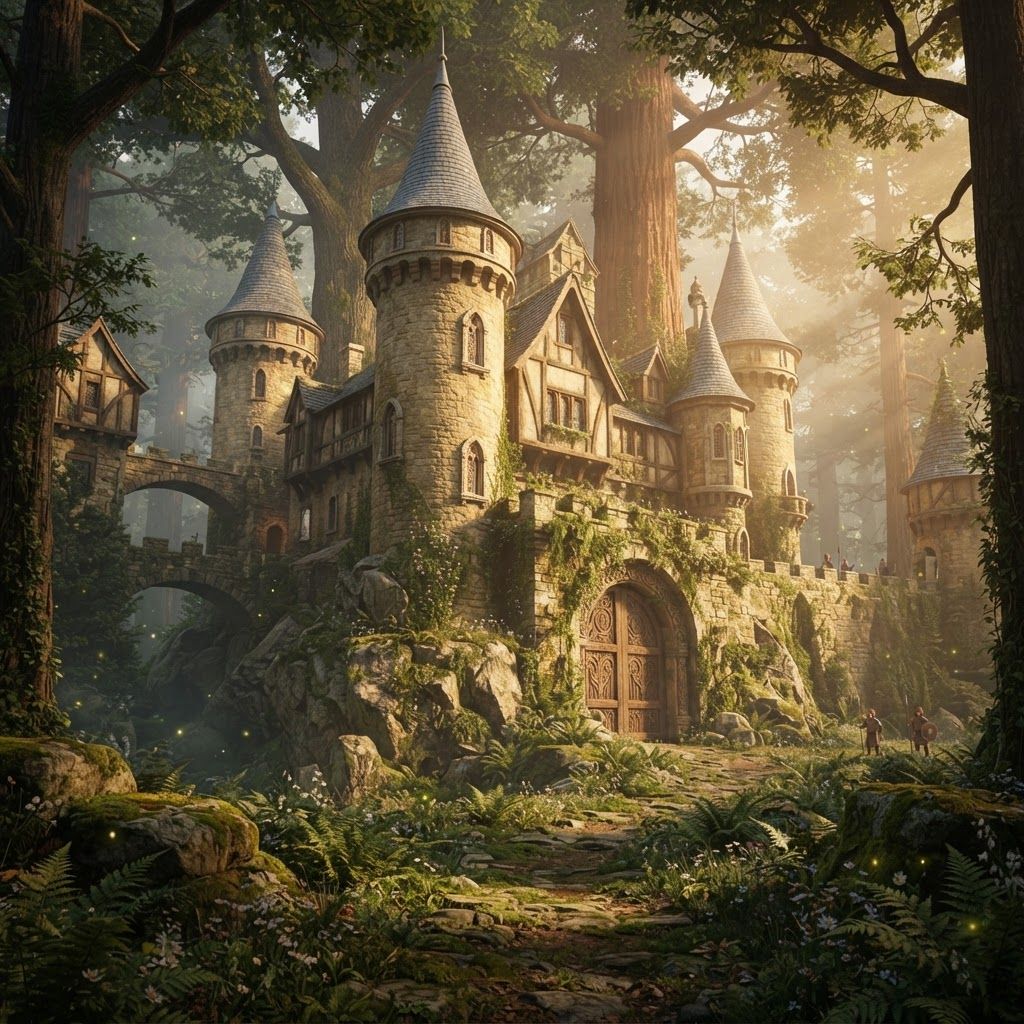AI Design for Absolutely. Since you’re making the image yourself, I’d make the prompt emphasize the same cinematic realistic storybook look as your Jasper design, but make the castle feel like an actual landmark of Elderwood rather than a generic fantasy castle.
🏰 Elderwood Castle — Image Prompt
> A breathtaking medieval fantasy castle standing at the edge of the ancient Elderwood forest, designed in a cinematic realistic woodland storybook style. The castle should feel beautiful, mysterious, old, and completely believable, as though it has existed for centuries.
The castle is built from warm weathered gray and slightly golden stone, with tall rounded towers, elegant pointed rooftops, wooden balconies, stone bridges, narrow arched windows, carved details, ivy, moss and small plants growing naturally across the walls. Combine traditional medieval architecture with subtle woodland craftsmanship—wooden beams, carved leaves, tiny animal motifs, hanging lanterns, and beautifully crafted gates.
The castle should sit naturally among the enormous trees of Elderwood, with the ancient forest surrounding and partially framing it. Giant trees rise behind the castle, their branches forming a natural canopy around the towers. A winding stone-and-dirt road leads from the forest toward the enormous castle gates.
The scene should feel peaceful and majestic rather than dark or threatening. Warm late-afternoon sunlight filters through the trees, creating beautiful shafts of light and soft golden highlights across the castle walls. Include distant mist between the trees, subtle fireflies, moss-covered stones, wildflowers, ferns, fallen leaves and other tiny environmental details that make the forest feel alive.
Include only a few small cat guards in the distant background, standing near the castle entrance and along the walls. They should be realistic woodland cats wearing simple medieval guard clothing and carrying practical equipment. They are background details rather than the focus.
No main characters, no large groups of characters, no modern objects, no exaggerated magical effects.
Composition: wide cinematic establishing shot, castle clearly visible as the centerpiece, enormous forest surrounding it, winding path leading toward the entrance, strong sense of scale and depth.
Visual style: realistic detailed feline-and-woodland fantasy, natural realistic textures, believable stone and wood, detailed but not hyper-photorealistic, cinematic lighting, soft atmospheric depth, rich earthy greens and browns, warm golden sunlight, nostalgic storybook feeling, beautiful fantasy film concept art, subtly dreamlike and timeless.
I’d especially keep the fireflies and tiny environmental details subtle. That'll make it feel like the castle is genuinely sitting inside a living Elderwood rather than looking like a castle pasted onto a forest background. The images in the prompt bar or how I want to display you the lighting I really like this lighting because it gives off a very nostalgic feel like you're trying to revisit an old memory but you can't really get it right