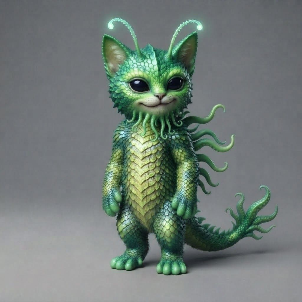 AI Design for All right use this design template as a base for alien cat that is like green it has like completely black eyes with white tint and like give him antennas tentacles and just funny features