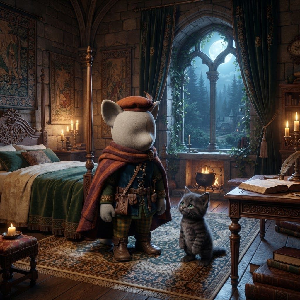 AI Design for An elegant medieval fantasy guest bedroom inside the ancient castle overlooking Elderwood. Tall stone walls, beautiful carved wooden furniture, a large four-poster bed with deep green and cream blankets, ornate wooden details, a small fireplace, candles, embroidered curtains, a polished wooden desk, and a large arched window overlooking the enormous forest and distant Elderwood Village. Subtle ivy grows around the stone window frame. The room feels luxurious but still warm and believable, combining royal architecture with natural woodland craftsmanship. Moonlight enters through the window while candles provide soft golden illumination. Majestic, peaceful, mysterious and nostalgic, cinematic realistic dark-fantasy storybook aesthetic, rich natural textures, atmospheric depth