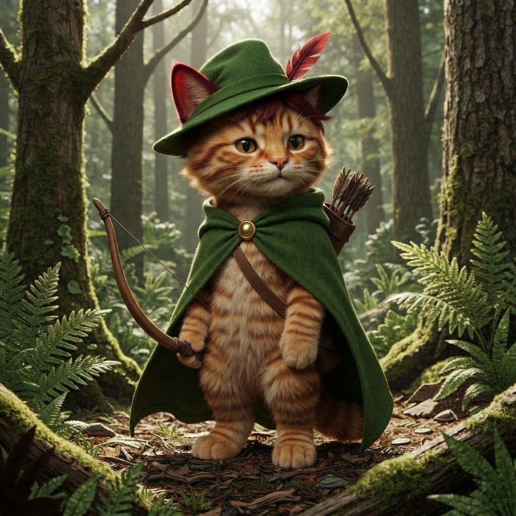 AI Design for The cat that I show you here on the image is how the image I want to look essentially a cat in a forest with all of these features with colored ear tips to stripes All across its body to the cloak to the Hat into all the features being present it make it into a more realistic cat it's still gave its hair that's reddish brown it's it's ears it's ear tips it's stripes on its cheeks on its whole body and really make it iconic in that fantasy feel