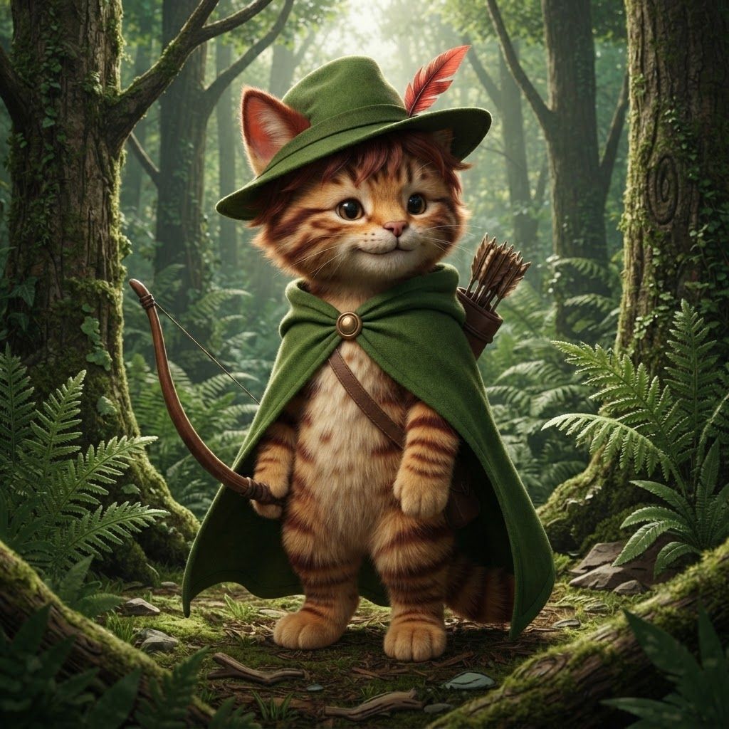 AI Design for The cat that I show you here on the image is how the image I want to look essentially a cat in a forest with all of these features with colored ear tips to stripes All across its body to the cloak to the Hat into all the features being present it make it into a more realistic cat it's still gave its hair that's reddish brown it's it's ears it's ear tips it's stripes on its cheeks on its whole body and really make it iconic in that fantasy feel mik the years follow a pattern with 1/3 of the ear on the top being reddish brown while whilst the other two-thirds are distinctly the orange for that he already has make it visible and distinctive make the make the stripes visible and not mutated with the skin make it very visible make him cute  make his stripes reddish brown give him his hair on the side on on the front on the back a bit and that's it essentially thank you and that is it essentially thank you