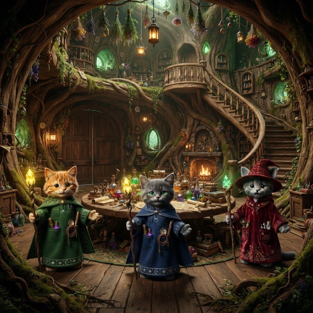 AI Design for 🌳 1. Main Entrance Hall — “Welcome to Wizard's Hollow”
PHOTOREALISTIC LIVE-ACTION DARK-FANTASY FILM STILL. The enormous interior entrance hall of Wizard's Hollow, a magical home built inside a gigantic ancient hollow tree in Elderwood. The room is spacious despite being inside the tree, with enormous curved living-wood walls, exposed roots, moss, vines and natural wooden textures.
Huge double wooden doors are visible behind the viewer's perspective, while the room opens into a grand circular chamber. Three bipedal cat wizards—Walthazar Embermane, Jonathan Bartle Gergenrath and Bartholomew Crumpet—stand naturally together near the center, welcoming visitors.
The room contains a beautiful combination of all three wizards' belongings: colorful potion bottles, books, herbs, crystals, scientific instruments, strange containers, maps, scrolls, candles and magical curiosities. Herbs, lanterns, dried flowers and small objects hang from the ceiling. A large wooden table occupies the center, surrounded by stools and chairs.
A magnificent spiral staircase made from living wood winds upward around the inside of the tree trunk. Small balconies and shelves are built into the walls around it.
Warm fireplace and lantern light illuminate the room, with soft green light filtering through small openings in the tree.
Photorealistic, realistic feline fur and anatomy, realistic wood grain, moss, fabric, glass and stone, cinematic depth of field, subtle film grain, natural practical lighting, high-budget live-action dark-fantasy cinematography. No cartoon, illustration, anime or 3D animation.