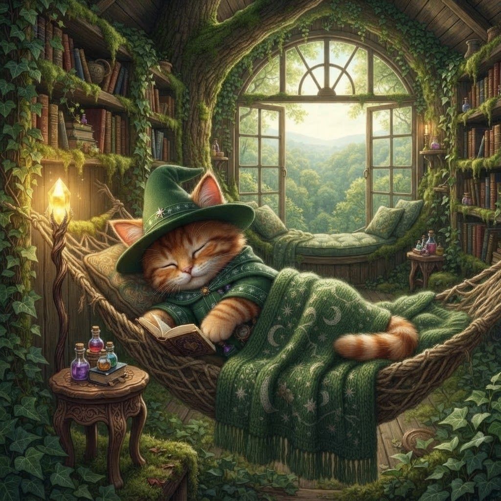AI Design for 🌳 Greatwood Treehouse — wooden bedroom high among the branches, with a window overlooking the forest. Cat fantasy obviously like a bedroom that has like a hammock or something with this wizard cat sleeping I was like mossy and book shelves everywhere and this wizard like puts down his staff finally and he rest while he counts as potion bottles or something make you look like he's high in the trees and obviously don't forget to not mess up as details there's like include all the parts his ear tips stripes his hair include his dark reddish brown stripes is orange tabby for his brown reddish hair he's orange ears which have like the slightly darker tips like on the reference photo I'm like making where the cloak but he also has like a blanket like a bit like 35% covering his legs like something