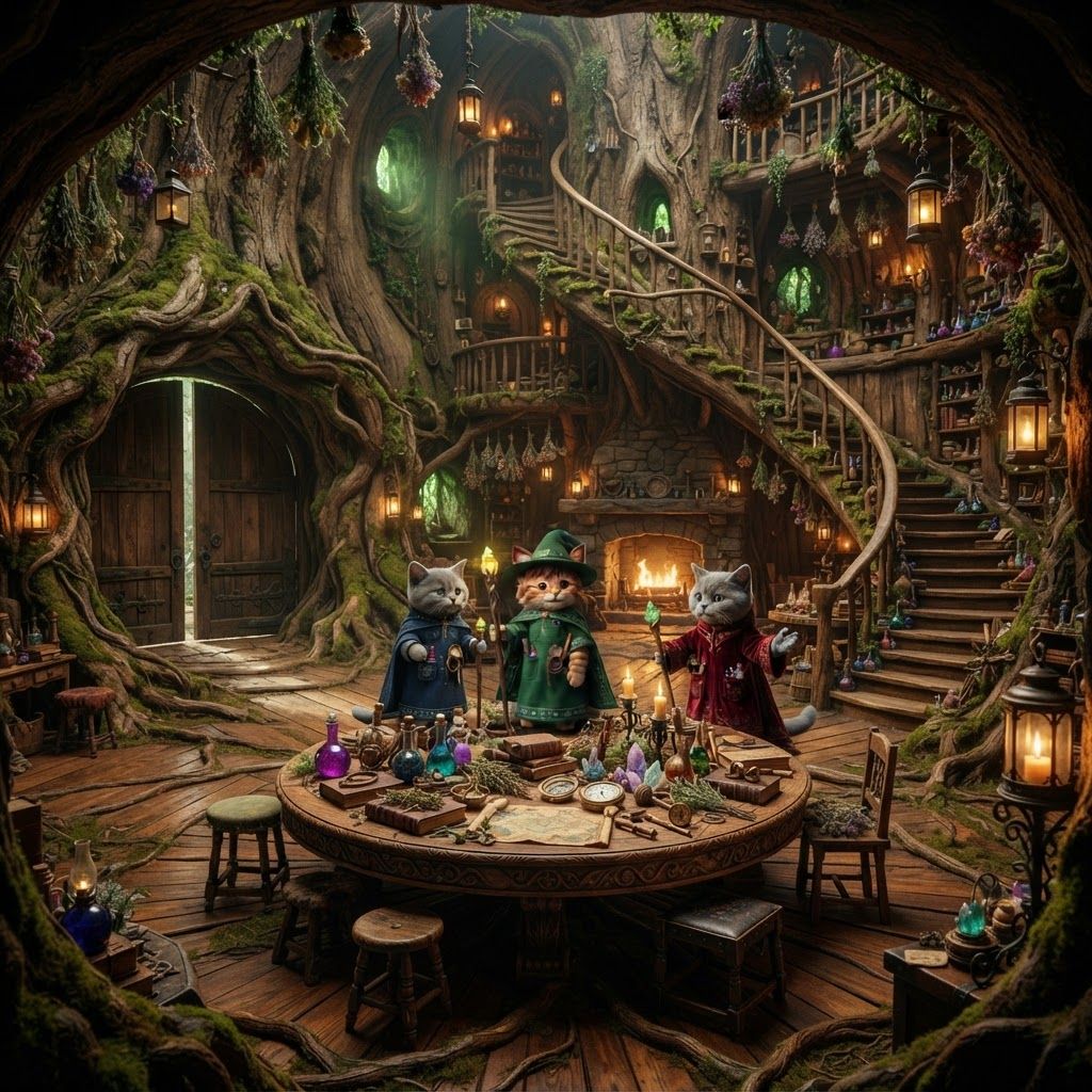 AI Design for 🌳 1. Main Entrance Hall — “Welcome to Wizard's Hollow”
PHOTOREALISTIC LIVE-ACTION DARK-FANTASY FILM STILL. The enormous interior entrance hall of Wizard's Hollow, a magical home built inside a gigantic ancient hollow tree in Elderwood. The room is spacious despite being inside the tree, with enormous curved living-wood walls, exposed roots, moss, vines and natural wooden textures.
Huge double wooden doors are visible behind the viewer's perspective, while the room opens into a grand circular chamber. Three bipedal cat wizards—Walthazar Embermane, Jonathan Bartle Gergenrath and Bartholomew Crumpet—stand naturally together near the center, welcoming visitors.
The room contains a beautiful combination of all three wizards' belongings: colorful potion bottles, books, herbs, crystals, scientific instruments, strange containers, maps, scrolls, candles and magical curiosities. Herbs, lanterns, dried flowers and small objects hang from the ceiling. A large wooden table occupies the center, surrounded by stools and chairs.
A magnificent spiral staircase made from living wood winds upward around the inside of the tree trunk. Small balconies and shelves are built into the walls around it.
Warm fireplace and lantern light illuminate the room, with soft green light filtering through small openings in the tree.
Photorealistic, realistic feline fur and anatomy, realistic wood grain, moss, fabric, glass and stone, cinematic depth of field, subtle film grain, natural practical lighting, high-budget live-action dark-fantasy cinematography. No cartoon, illustration, anime or 3D animation.