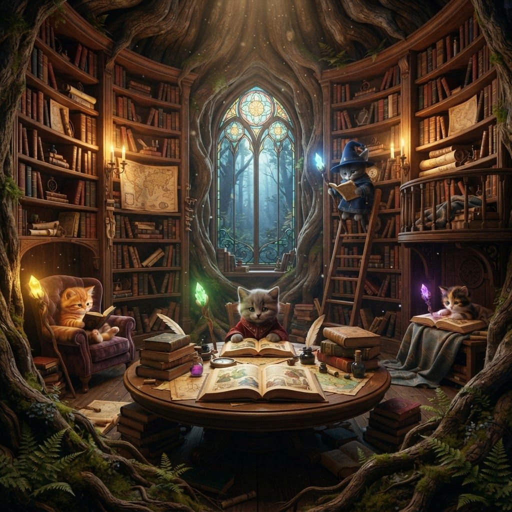 AI Design for 📚 4. Library Floor
PHOTOREALISTIC LIVE-ACTION DARK-FANTASY LIBRARY inside the upper interior of a gigantic hollow tree. A circular library completely integrated into the natural wooden walls of Wizard's Hollow.
Tall curved bookshelves follow the inside of the tree, reaching toward the ceiling and packed with thousands of old spellbooks, journals, maps, scrolls and handwritten manuscripts.
Wooden ladders lean against the shelves. Small reading balconies connect different sections of the room. A large round table sits in the center with open books, ink pots, quills, maps and candles.
Comfortable reading chairs and small tables are positioned beside the walls. Moss and tiny plants grow naturally around some exposed roots.
A large window looks out over the enormous Elderwood forest. Soft daylight filters through the canopy, illuminating floating dust particles and the textured pages of the books.
Ancient, scholarly, cozy and mysterious. Photorealistic wood, paper, leather, fabric and glass, realistic natural lighting, cinematic depth of field, subtle film grain, high-budget live-action dark-fantasy aesthetic. It's warm kind of like midnight it's illuminated beautifully and it has all the cats resting and Reading