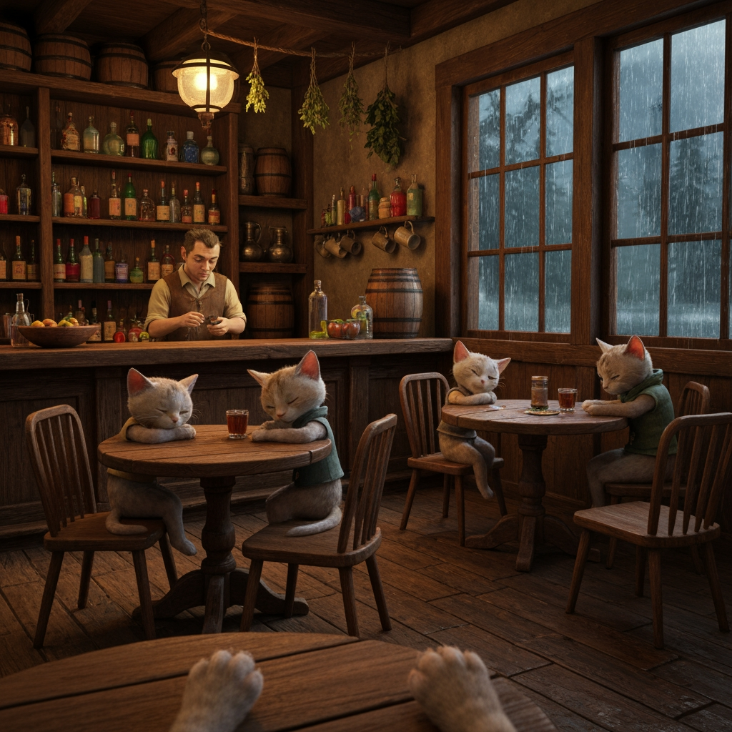 AI Design for Yeah, I get the composition now. You’re tucked into a corner of the tavern, sitting at a table with other bipedal cats, while the camera looks across the room toward the bar and the rain outside. It should feel like a quiet moment you stumbled into rather than a staged scene.

🌧️ POV — Fell Asleep in the Bushwhack Tavern

> Photorealistic cinematic dark-fantasy live-action film still, first-person POV from a small bipedal cat sitting in a secluded corner of the Bushwhack Tavern in Elderwood on a rainy evening.

The viewer is seated comfortably in a wooden chair at a small round wooden table tucked into the corner of the tavern. Several small bipedal cats are sitting around nearby tables and chairs, all with realistic feline anatomy and natural fur. They wear simple medieval fantasy clothing such as little cloaks, tunics, scarves and vests. Some cats have fallen asleep in their chairs, heads resting against the table or their paws, while another is quietly looking out the rain-covered window.

The viewer's own small feline paws can subtly appear at the bottom edge of the frame, resting on the table, making it clear that the viewer is also a cat.

Across the room is the large wooden tavern bar, clearly visible from the corner. Behind it stands the tavern keeper, a realistic bipedal cat preparing drinks and quietly organizing colorful glass bottles. Shelves behind him contain dozens of unusual bottles, ceramic mugs, wooden barrels and hanging herbs. He isn't posing for the camera—he is simply going about his nighttime work.

Large windows beside the bar reveal heavy rain falling over Elderwood at night. Water streams down the glass, while enormous dark trees are visible beyond the windows. Wet cobblestones outside reflect the warm golden lights of the tavern. Occasional distant lightning softly illuminates the forest without overpowering the scene.

The interior is illuminated almost entirely by a large stone fireplace, small candles and warm hanging lanterns, creating soft amber pools of light across the dark wooden floor and furniture. The rainy world outside is cool blue-gray, creating a beautiful contrast with the warm interior.

The composition should feel quiet, ambient and intimate, with the viewer sitting comfortably in their little corner while the tavern continues quietly around them. It feels like you've stayed too late, fallen asleep in your chair, and woken up briefly to the sound of rain before drifting off again.

Photorealistic live-action dark-fantasy cinematography, realistic cat fur, believable small bipedal feline proportions, realistic medieval tavern architecture, detailed wood, stone, glass, fabric and rain, natural firelight, realistic reflections, atmospheric depth, subtle film grain, cinematic color grading, soft shadows, slightly desaturated surroundings with warm amber highlights.

No cartoon, no illustration, no anime, no 3D animation, no modern objects, no exaggerated fantasy architecture, no human characters.