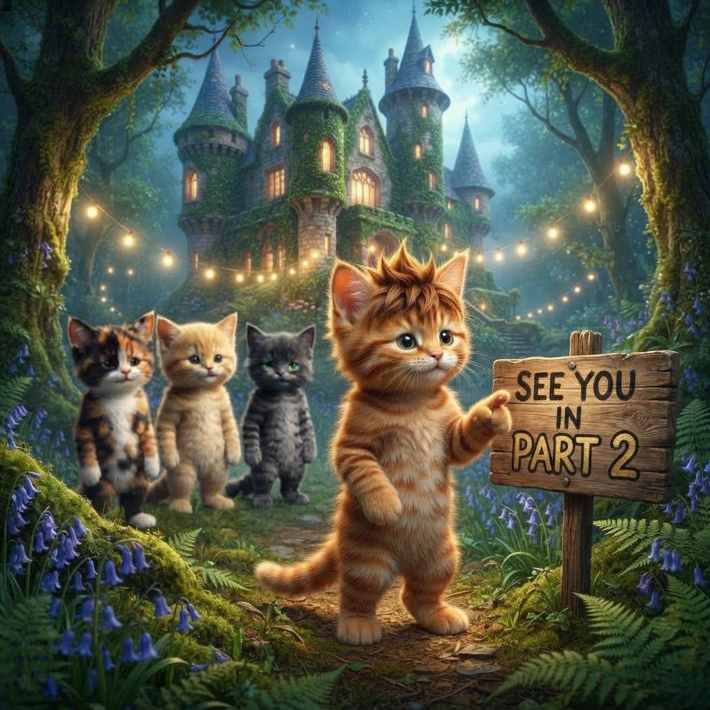 AI Design for So make these cats be in a fictional Forest with the castle and assigned it says see you in part 2 with the orange tabby ginger CAD with the brown stripes be like in the focus and he's pointing to the sign of his finger