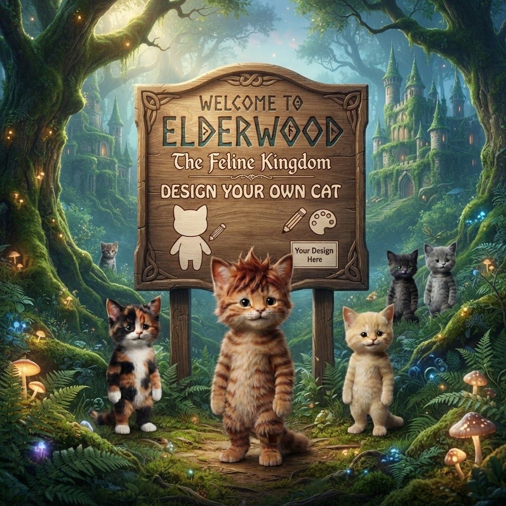 AI Design for All right do this cat and it's group holding a sign like design your own cat fantasy series like like welcome to cat like the feline Kingdom and then it's like design your own cat and it should be like this forest with castles and stuff like that and it's a sign that says welcome to elderwood the feline Kingdom or the feline Forest okay and it's like design your own cat we don't overdo the design make it kind of like a simple design you don't over complicated and don't make any of the cats actually hold it just just make them be like background fantasy characters with the main focus being on the tabby cat the one with the brown stripes