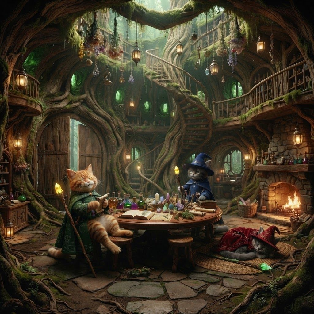 AI Design for 🌳 1. Main Entrance Hall — “Welcome to Wizard's Hollow”
PHOTOREALISTIC LIVE-ACTION DARK-FANTASY FILM STILL. The enormous interior entrance hall of Wizard's Hollow, a magical home built inside a gigantic ancient hollow tree in Elderwood. The room is spacious despite being inside the tree, with enormous curved living-wood walls, exposed roots, moss, vines and natural wooden textures.
Huge double wooden doors are visible behind the viewer's perspective, while the room opens into a grand circular chamber. Three bipedal cat wizards—Walthazar Embermane, Jonathan Bartle Gergenrath and Bartholomew Crumpet—stand naturally together near the center, welcoming visitors.
The room contains a beautiful combination of all three wizards' belongings: colorful potion bottles, books, herbs, crystals, scientific instruments, strange containers, maps, scrolls, candles and magical curiosities. Herbs, lanterns, dried flowers and small objects hang from the ceiling. A large wooden table occupies the center, surrounded by stools and chairs.
A magnificent spiral staircase made from living wood winds upward around the inside of the tree trunk. Small balconies and shelves are built into the walls around it.
Warm fireplace and lantern light illuminate the room, with soft green light filtering through small openings in the tree.
Photorealistic, realistic feline fur and anatomy, realistic wood grain, moss, fabric, glass and stone, cinematic depth of field, subtle film grain, natural practical lighting, high-budget live-action dark-fantasy cinematography. No cartoon, illustration, anime or 3D animation. But actually make the cats rest sit do not take any of their clothes off just make them relax and have fun