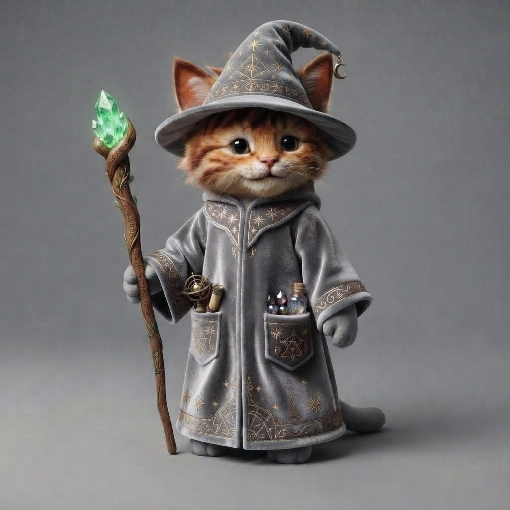 AI Design for We want you to do is take the image of the wizard robe and put it on the cat
