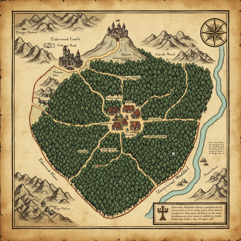 AI Design for The map of Elderwood should feel like an actual old adventurer's map that exists inside your world—not a clean modern game map. I’d picture it as something a cartographer carefully drew by hand over years of exploration.
🗺️ Overall appearance
Old, slightly yellowed parchment, with uneven edges and subtle stains.
Hand-drawn ink illustrations rather than perfectly precise lines.
A mixture of dark brown, muted green, blue, and faded red ink.
Small handwritten notes and symbols scattered around the map.
A decorative compass rose in one corner.
A few little drawings of trees, mountains, castles and creatures around important landmarks.
The map should be detailed enough that you could imagine actually navigating with it.
🌲 The center — Elderwood Village
At the heart of the map is Elderwood Village, surrounded by a huge cluster of illustrated trees.
The village could be represented by:
> 🏘️ Elderwood Village
with tiny drawings of cottages, a tavern and winding paths.
Several paths branch outward from the village.
🌳 The Deepwood
The largest area surrounding Elderwood should be Deepwood.
Instead of drawing every tree individually, use dense clusters of little hand-drawn tree symbols.
Inside Deepwood you could mark:
🌿 Whispering Glade
🌉 Old Root Bridge
💧 Moonstream
🧙 Wizard's Hollow
🦉 Owlwatch
🍄 Mushroom Hollow
Some areas should simply fade into:
> “Unexplored Woodland”
which makes the world feel bigger.
🏰 Northern area — Elderwood Castle
Farther north, beyond the forest, place the Elderwood Castle on a hill.
Draw a tiny but recognizable castle with several towers and a winding road leading toward it.
Around it:
> Castle Road
King's Forest
Old Watchtower
⛏️ Western area — Mines
To the west, the forest becomes rocky and mountainous.
Mark:
> ⛏️ Elderwood Mines
🪨 Silvervein Caverns
💎 Ruby Hollow
Draw little mountain symbols and mine entrances.
🌊 Eastern area — Riverlands
A large winding river could run through the eastern side of the map.
Call it something like:
> Elder River
Then add:
🌉 Old Stone Bridge
🏕️ Riverside Camp
🌾 Meadowfields
🛶 Fishercat Crossing
Eventually the river could disappear off the edge of the map, suggesting that Elderwood is only one part of a much larger world.
🍄 Southern area — Wildwood
The southern forest could become less civilized and much denser.
> The Wildwood
Add strange little symbols for:
Giant mushrooms
Abandoned ruins
Hidden caves
Strange animal tracks
A forgotten shrine
And perhaps a handwritten warning:
> “Paths become unreliable beyond this point.”
🧭 Map details
I'd also add little cartographer touches:
Top: decorative compass rose
Bottom: hand-drawn scale
Corners: tiny sketches of leaves, mushrooms and animals
Edges: handwritten notes about locations
Some areas: deliberately unfinished or faded
And importantly, don't make the entire map perfectly filled in. Leave some blank parchment around the edges.
That gives you the feeling that Elderwood is a real place waiting to be explored, rather than a world where everything has already been discovered.