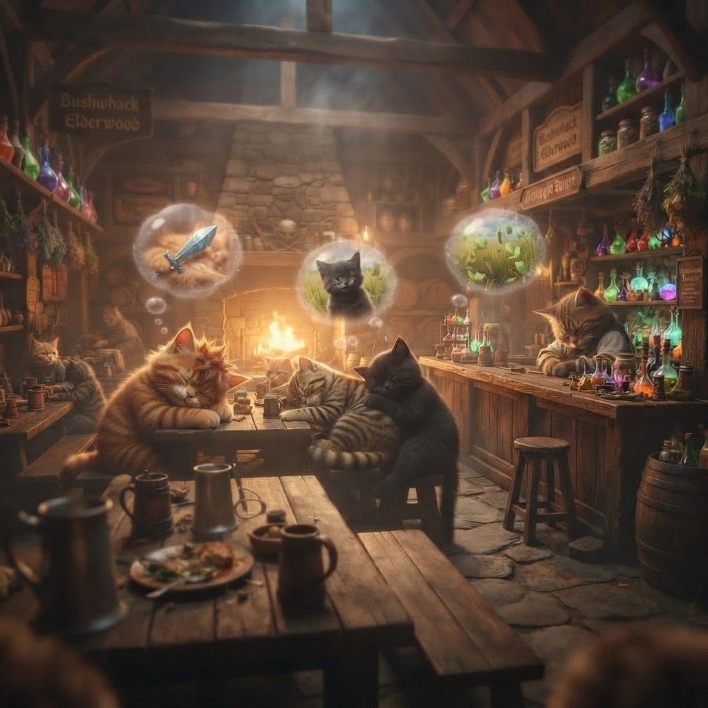 AI Design for Realistic point of view like you fell asleep in the tavern with the other cats who are also by pedal and kind of are all sleeping and dreaming