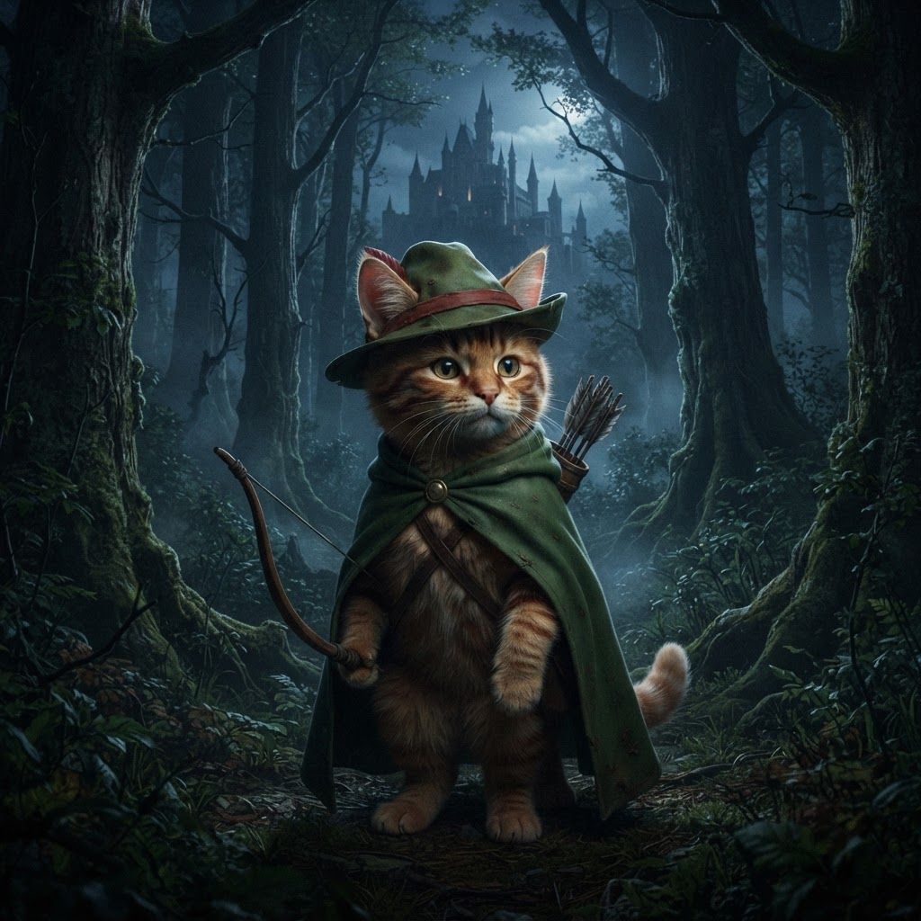 AI Design for Sure — here's the complete description based exactly on what you just described, without adding a new outfit or changing his established design.

🌲 Jasper Embermane — Dark Fantasy Version

Jasper is an orange tabby cat with a natural, slightly realistic feline appearance. His fur should have believable texture and anatomy while still preserving his recognizable Embermane character design.

🐈 Face & Fur

Warm orange tabby fur covering his body.

Slightly darker reddish-brown stripes.

Two reddish-brown stripes on each cheek, one of his most recognizable markings.

His head has his characteristic brown hair/mane, giving him a slightly distinctive, rugged appearance.

His ears are orange, with roughly the upper third of each ear covered in a reddish-brown color.

His facial features should look like a real cat's, but remain expressive enough to recognize Jasper immediately.


🎩 Hat

Jasper wears his familiar green archer's hat.

Natural, slightly worn material.

A simple red band/outline around the hat where the brim meets the main body.

The hat should feel like something made for traveling through a forest rather than polished royal clothing.

Keep the design recognizable and understated.


🧥 Cloak

Jasper wears his familiar green cloak.

It should have a natural, practical appearance, with believable cloth texture and subtle signs of use.

🏹 Equipment

Jasper carries his bow, reinforcing that he's an archer rather than a heavily armored fantasy warrior.

His equipment should remain simple and practical.


---

🌙 Environment

Jasper is standing in a large, atmospheric forest at night.

The forest should feel enormous and ancient, with:

Tall trees surrounding him

Dense woodland vegetation

Deep shadows between the trees

Subtle moonlight filtering through branches

Atmospheric haze or mist

Natural earthy textures


Through an opening in the forest, a large castle can be seen in the distance.

The castle shouldn't dominate the image—it should feel like something Jasper has discovered beyond the trees, giving the scene a sense of exploration and mystery.


---

🎬 Overall Visual Style

The whole scene should have that dark-fantasy AI image aesthetic you were describing:

realistic but fantastical, nighttime, cinematic, atmospheric, slightly dark, natural colors, detailed fur, subtle film-like filtering, deep shadows, and dramatic moonlight.

It shouldn't look like a bright cartoon or overly polished 3D animation.

At the same time, Jasper shouldn't become an ordinary photorealistic cat—the orange fur, reddish-brown markings, brown mane, green hat, red hat band, green cloak, and bow need to make him unmistakably Jasper.