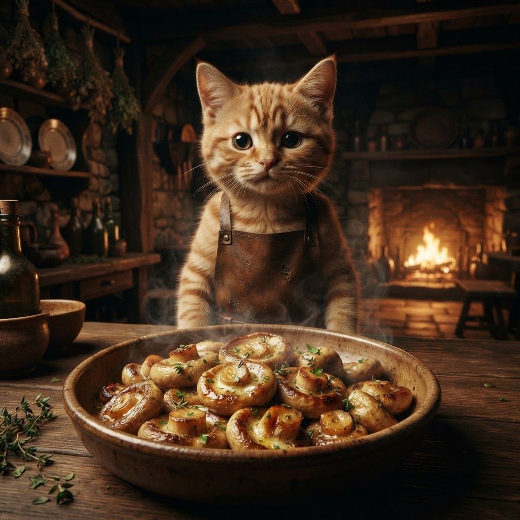 AI Design for 🍄 2. Buttercap Mushrooms
Photorealistic cinematic dark-fantasy food photography inside the same cozy medieval woodland tavern in Elderwood. A realistic cat tavern worker stands behind the wooden serving counter, wearing a simple worn apron. The cat is watching the viewer with an impatient but hopeful expression, as though waiting to see if the customer enjoys the meal.
In the foreground is a rustic ceramic bowl filled with freshly cooked Buttercap Mushrooms. The mushrooms are golden-brown with realistic soft textures, browned edges and melted butter coating their surfaces. Finely chopped green herbs are scattered naturally across them, with gentle steam rising from the bowl.
Behind the cat are dark wooden beams, rough stone, hanging herbs, ceramic plates, bottles and a large fireplace producing warm orange light. Realistic shadows and atmospheric depth.
The mushrooms should look savory, warm, rich and extremely appetizing, like genuine freshly cooked food.
Photorealistic live-action fantasy film still, realistic food photography, natural cat fur, realistic materials, subtle film grain, warm amber lighting, dark atmospheric background, no cartoon appearance.