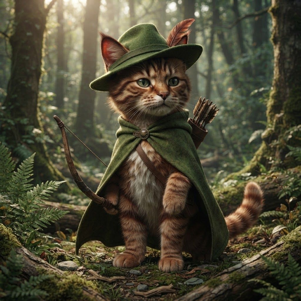 AI Design for The cat that I show you here on the image is how the image I want to look essentially a cat in a forest with all of these features with colored ear tips to stripes All across its body to the cloak to the Hat into all the features being present it make it into a more realistic cat it's still gave its hair that's reddish brown it's it's ears it's ear tips it's stripes on its cheeks on its whole body and really make it iconic in that fantasy feel