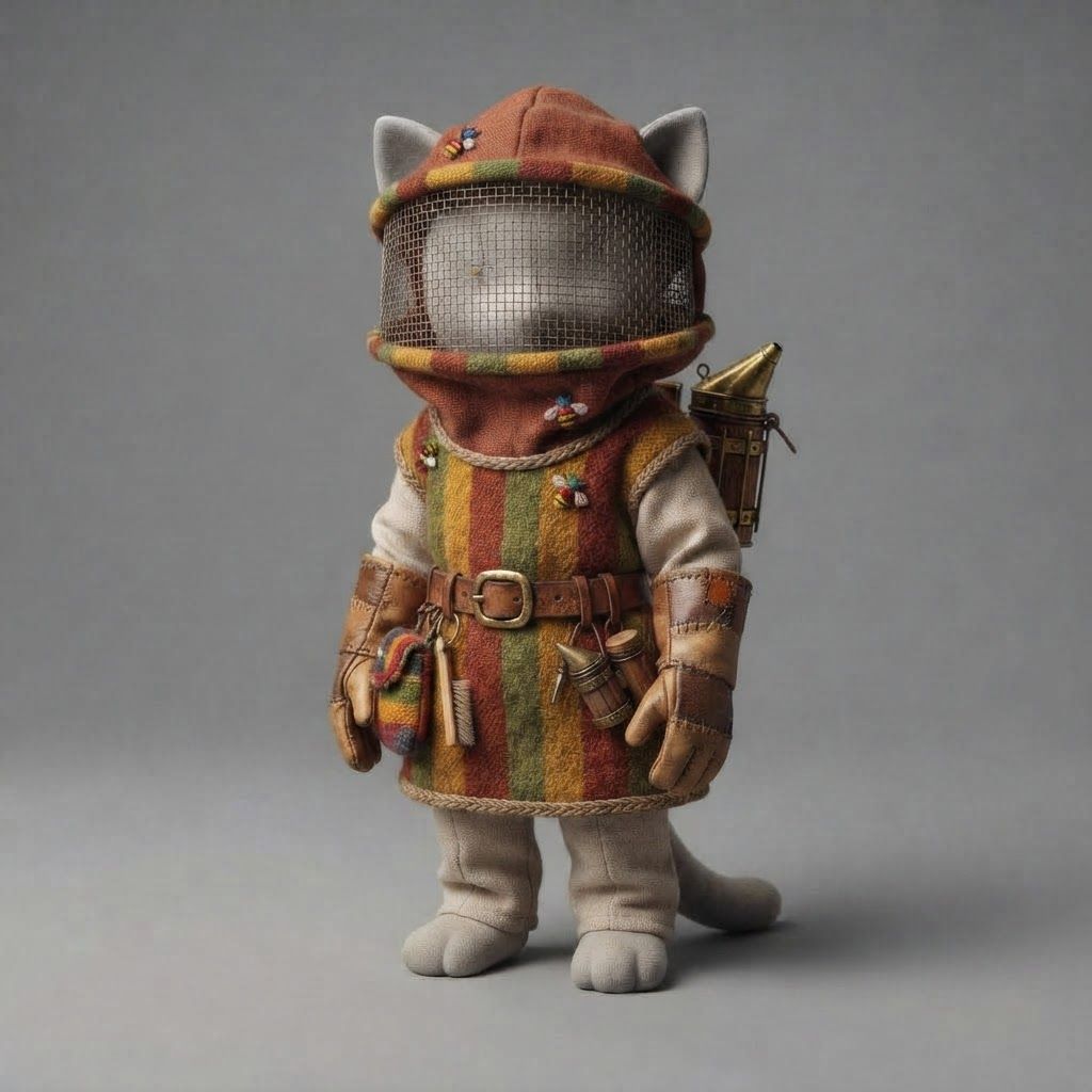 AI Design for I am writing a cat fantasy series and this is a mannequin for a cat clothes base so design and outfit for a beekeeper on this mannequin thank you very much and make the overall clothes like medieval and basic and colorful