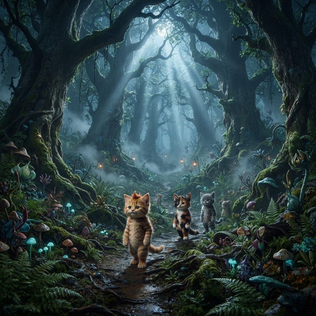 AI Design for 🌿 5. Deepwood
Photorealistic cinematic dark-fantasy landscape of the Deepwood, an untouched section of ancient forest beyond Elderwood Village. Enormous old trees tower overhead, their roots twisting through moss-covered rocks and the forest floor. Dense ferns, mushrooms, vines and strange woodland plants grow naturally everywhere. Narrow paths disappear into thick mist between the trees. Tiny warm lights from distant lanterns are barely visible through the fog. Shafts of cool moonlight pass through the canopy while the deeper forest remains dark and mysterious. The environment feels beautiful but unexplored, peaceful yet slightly mysterious. Realistic foliage, bark, moss, wet soil, mist and natural lighting, cinematic live-action fantasy film aesthetic, subtle film grain, cat characters, no cartoon appearance. Cats are cute like oj images bipedal make them walk around everywhere