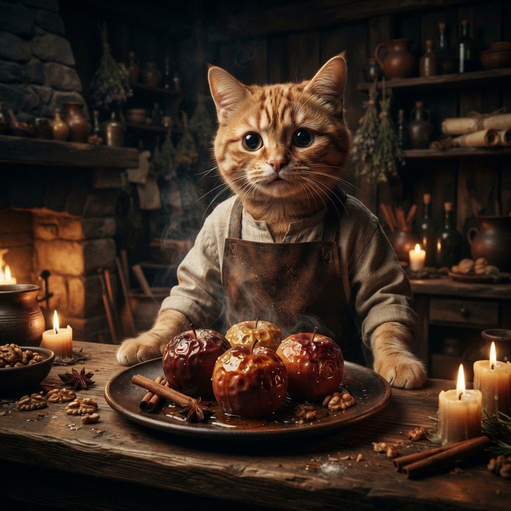 AI Design for 🍎 3. Baked Redleaf Apples
Photorealistic cinematic dark-fantasy food photography inside a rustic Elderwood tavern. A realistic tavern cat stands behind the serving counter wearing a simple medieval apron, looking directly toward the viewer with an eager, slightly worried expression, as if silently asking whether the meal is good enough.
On the counter sits a ceramic plate containing three freshly baked Redleaf Apples. Their red skins are slightly wrinkled from baking, with caramelized edges and glossy honey coating. Warm spices and crushed nuts are scattered naturally around them. Fruit juices and honey glisten on the plate while gentle steam rises from the apples.
The tavern is illuminated primarily by a nearby stone fireplace and several candles, creating warm amber highlights against dark wooden walls and cool shadows. Shelves of dishes, herbs and bottles fill the background.
The apples should look soft, warm, sweet and genuinely delicious, with realistic baked fruit textures and natural imperfections.
Realistic live-action dark fantasy, cinematic food photography, realistic cat fur, physically believable lighting, subtle film grain, atmospheric depth, no cartoon, no illustration, no animation.