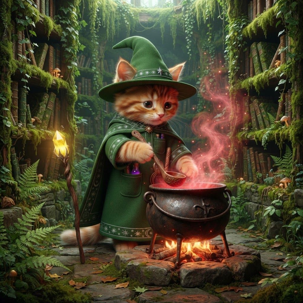 AI Design for Design me an image of this cat making a red potion in a pot inside of a room that's kind of like a library but is mossy and leafy are red smoke is coming out of the pot and don't mess up any of the details of the cat make sure to include all the details in the exact same style of art