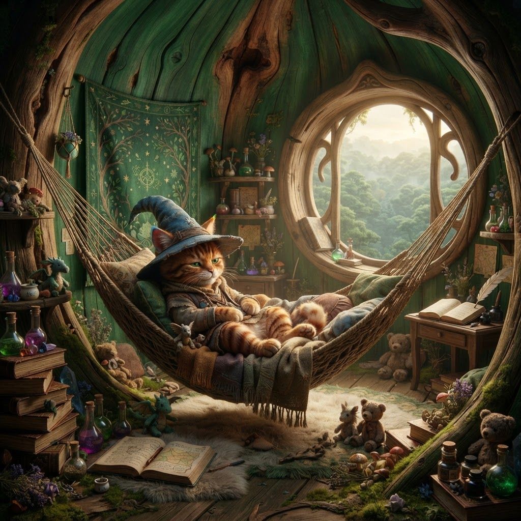 AI Design for Absolutely — here's a detailed prompt that keeps the photorealistic dark-fantasy Elderwood look, while making Walthazar's room feel genuinely cozy and personal.
🌿 Walthazar Embermane — Morning in His Bedroom
> PHOTOREALISTIC LIVE-ACTION DARK-FANTASY FILM STILL. A beautiful, cozy bedroom belonging to a young anthropomorphic cat wizard named Walthazar Embermane, located on the highest floor of an enormous ancient hollow tree in Elderwood. The scene should look like a frame from a high-budget fantasy movie filmed with a real physical set, realistic practical lighting and physically believable materials.
Walthazar Embermane is a small bipedal anthropomorphic orange tabby cat, sitting comfortably inside his large hanging hammock. He has realistic feline anatomy, detailed soft orange fur and distinctive dark reddish-brown tabby stripes across his face, ears, arms and body. His muzzle and chest have slightly lighter fur. His eyes are vivid green and expressive. His ears are clearly feline, with distinctive colored ear tips that contrast against the rest of his orange fur.
Walthazar wears his recognizable fantasy wizard hat, a slightly floppy, well-worn pointed hat made from textured fabric, with subtle magical details and a small decorative accent around the base. He wears a cozy wizard's outfit beneath it, with earthy fantasy fabrics, layered clothing and small embroidered details. His clothing should look practical and comfortable rather than extravagant.
Walthazar is sitting curled up comfortably in his hammock, surrounded by soft blankets, cushions and pillows. He looks relaxed and sleepy, as though he has just woken up. His posture is natural and cozy, with his tail comfortably curled beside him.
The entire interior of the room has beautiful deep emerald-green walls, but the walls are still unmistakably made from the living wood of the enormous hollow tree. The green color appears like a rich painted or naturally dyed finish over the curved wooden interior, while the natural grain, knots, cracks and contours of the tree remain clearly visible underneath. Exposed sections of warm brown wood appear around the edges, creating a beautiful green-and-wood contrast.
Behind Walthazar is a large rounded window carved directly into the tree, overlooking the enormous rich Elderwood forest early in the morning. Outside, countless layers of ancient trees stretch into the distance, with thick emerald foliage, moss-covered branches and soft morning mist resting between the trees. Gentle golden sunlight is just beginning to pass through the canopy, creating soft rays of early-morning light across the room.
The bedroom is beautifully cluttered with Walthazar's belongings. There are stacks of old spellbooks, handwritten journals, maps, colorful potion bottles, glass flasks, little ceramic containers, dried herbs, mushrooms, flowers, crystals, ink bottles, quills and tiny magical curiosities scattered naturally throughout the room.
Add plenty of cute stuffed animals and handmade plush creatures around the room—some sitting on shelves, some tucked beside the hammock, and a couple casually piled among the pillows. They should look like charming handmade medieval-fantasy toys, slightly worn from years of use.
A beautiful emerald-green tapestry hangs on one of the curved walls, decorated with subtle woodland patterns, twisting branches, leaves, tiny stars and understated magical symbols. Soft rugs cover parts of the wooden floor, with little patches of moss growing naturally around the edges.
Include small shelves carved directly into the tree, filled with books and bottles. A little wooden writing desk sits near the window with an open spellbook, an ink pot and a feather quill. A few hanging herbs sway gently from the ceiling beams.
The lighting should be soft early-morning golden sunlight mixed with the deep green atmosphere of the room, creating gentle highlights on Walthazar's fur, the hammock fabric and the glass potion bottles. The forest outside should look fresh, misty and incredibly lush.
The overall mood is peaceful, magical, cozy, intimate and nostalgic—a tiny wizard's private sanctuary high above Elderwood. It should feel like a place where Walthazar could spend an entire morning reading, brewing potions and watching the forest from his hammock.
Extremely detailed realistic fur, individual whiskers, realistic feline eyes, believable bipedal feline anatomy, detailed fabric, natural wood grain, realistic glass, moss, plants and foliage, physically accurate sunlight, realistic atmospheric haze, cinematic depth of field, subtle film grain, high-end live-action dark-fantasy cinematography, natural imperfections, rich environmental detail.
NO cartoon, NO illustration, NO anime, NO children's-book art, NO 3D animation, NO plastic-looking fur, NO human body with a cat head, NO modern furniture, NO futuristic objects, NO overly exaggerated magic effects.