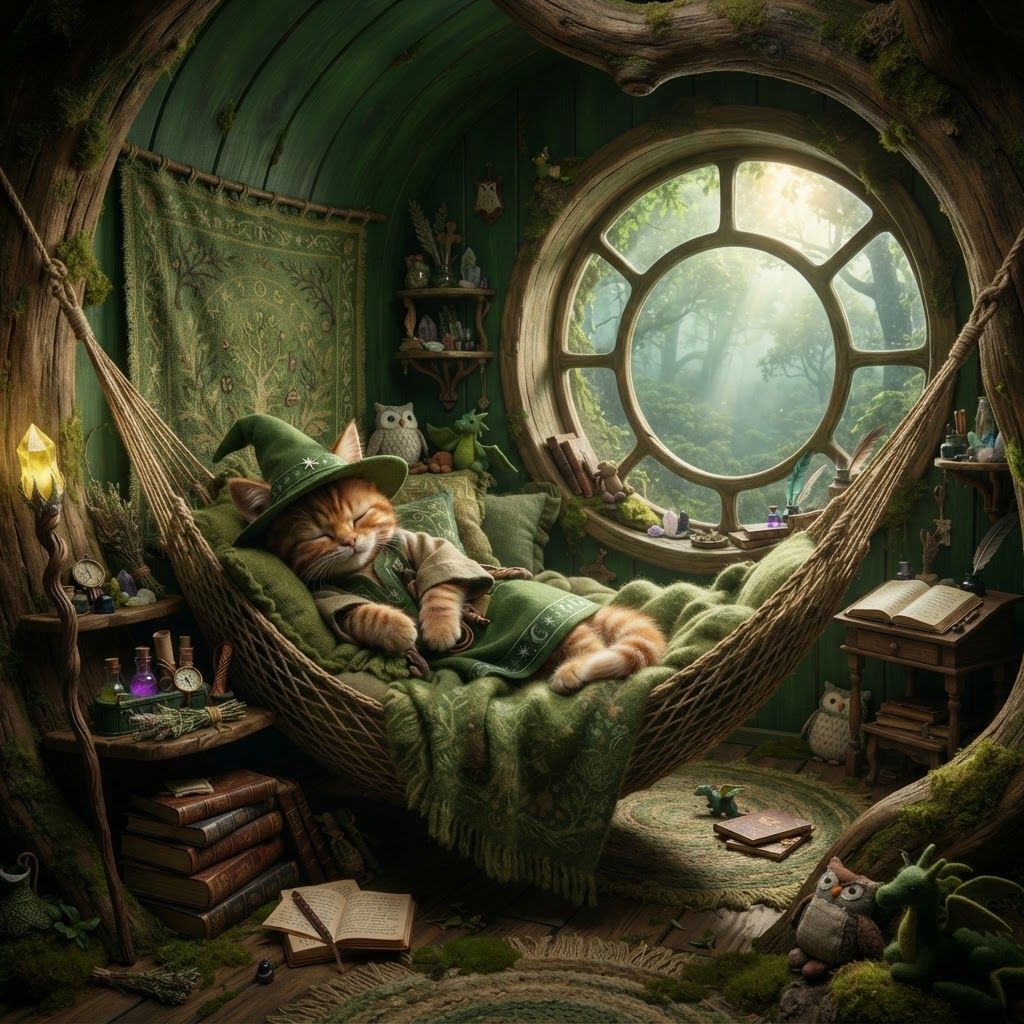 AI Design for Absolutely — here's a detailed prompt that keeps the photorealistic dark-fantasy Elderwood look, while making Walthazar's room feel genuinely cozy and personal.
🌿 Walthazar Embermane — Morning in His Bedroom
> PHOTOREALISTIC LIVE-ACTION DARK-FANTASY FILM STILL. A beautiful, cozy bedroom belonging to a young anthropomorphic cat wizard named Walthazar Embermane, located on the highest floor of an enormous ancient hollow tree in Elderwood. The scene should look like a frame from a high-budget fantasy movie filmed with a real physical set, realistic practical lighting and physically believable materials.
Walthazar Embermane is a small bipedal anthropomorphic orange tabby cat, sitting comfortably inside his large hanging hammock. He has realistic feline anatomy, detailed soft orange fur and distinctive dark reddish-brown tabby stripes across his face, ears, arms and body. His muzzle and chest have slightly lighter fur. His eyes are vivid green and expressive. His ears are clearly feline, with distinctive colored ear tips that contrast against the rest of his orange fur.
Walthazar wears his recognizable fantasy wizard hat, a slightly floppy, well-worn pointed hat made from textured fabric, with subtle magical details and a small decorative accent around the base. He wears a cozy wizard's outfit beneath it, with earthy fantasy fabrics, layered clothing and small embroidered details. His clothing should look practical and comfortable rather than extravagant.
Walthazar is sitting curled up comfortably in his hammock, surrounded by soft blankets, cushions and pillows. He looks relaxed and sleepy, as though he has just woken up. His posture is natural and cozy, with his tail comfortably curled beside him.
The entire interior of the room has beautiful deep emerald-green walls, but the walls are still unmistakably made from the living wood of the enormous hollow tree. The green color appears like a rich painted or naturally dyed finish over the curved wooden interior, while the natural grain, knots, cracks and contours of the tree remain clearly visible underneath. Exposed sections of warm brown wood appear around the edges, creating a beautiful green-and-wood contrast.
Behind Walthazar is a large rounded window carved directly into the tree, overlooking the enormous rich Elderwood forest early in the morning. Outside, countless layers of ancient trees stretch into the distance, with thick emerald foliage, moss-covered branches and soft morning mist resting between the trees. Gentle golden sunlight is just beginning to pass through the canopy, creating soft rays of early-morning light across the room.
The bedroom is beautifully cluttered with Walthazar's belongings. There are stacks of old spellbooks, handwritten journals, maps, colorful potion bottles, glass flasks, little ceramic containers, dried herbs, mushrooms, flowers, crystals, ink bottles, quills and tiny magical curiosities scattered naturally throughout the room.
Add plenty of cute stuffed animals and handmade plush creatures around the room—some sitting on shelves, some tucked beside the hammock, and a couple casually piled among the pillows. They should look like charming handmade medieval-fantasy toys, slightly worn from years of use.
A beautiful emerald-green tapestry hangs on one of the curved walls, decorated with subtle woodland patterns, twisting branches, leaves, tiny stars and understated magical symbols. Soft rugs cover parts of the wooden floor, with little patches of moss growing naturally around the edges.
Include small shelves carved directly into the tree, filled with books and bottles. A little wooden writing desk sits near the window with an open spellbook, an ink pot and a feather quill. A few hanging herbs sway gently from the ceiling beams.
The lighting should be soft early-morning golden sunlight mixed with the deep green atmosphere of the room, creating gentle highlights on Walthazar's fur, the hammock fabric and the glass potion bottles. The forest outside should look fresh, misty and incredibly lush.
The overall mood is peaceful, magical, cozy, intimate and nostalgic—a tiny wizard's private sanctuary high above Elderwood. It should feel like a place where Walthazar could spend an entire morning reading, brewing potions and watching the forest from his hammock.
Extremely detailed realistic fur, individual whiskers, realistic feline eyes, believable bipedal feline anatomy, detailed fabric, natural wood grain, realistic glass, moss, plants and foliage, physically accurate sunlight, realistic atmospheric haze, cinematic depth of field, subtle film grain, high-end live-action dark-fantasy cinematography, natural imperfections, rich environmental detail.
NO cartoon, NO illustration, NO anime, NO children's-book art, NO 3D animation, NO plastic-looking fur, NO human body with a cat head, NO modern furniture, NO futuristic objects, NO overly exaggerated magic effects.
