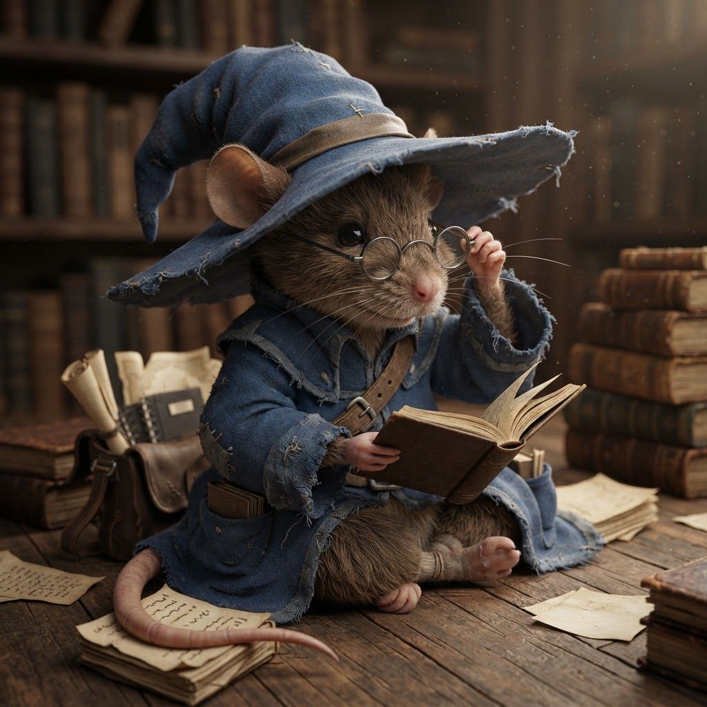 AI Design for Make this mouse character b and the particular style of this other image put him in the same position and remove the book on top of his head making more of him like a realistic Mouse and have some fun with it