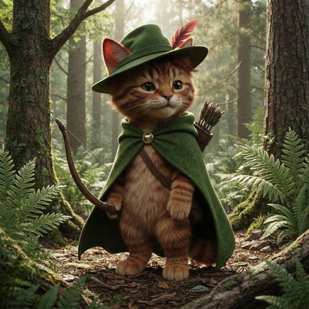 AI Design for The cat that I show you here on the image is how the image I want to look essentially a cat in a forest with all of these features with colored ear tips to stripes All across its body to the cloak to the Hat into all the features being present it make it into a more realistic cat it's still gave its hair that's reddish brown it's it's ears it's ear tips it's stripes on its cheeks on its whole body and really make it iconic in that fantasy feel