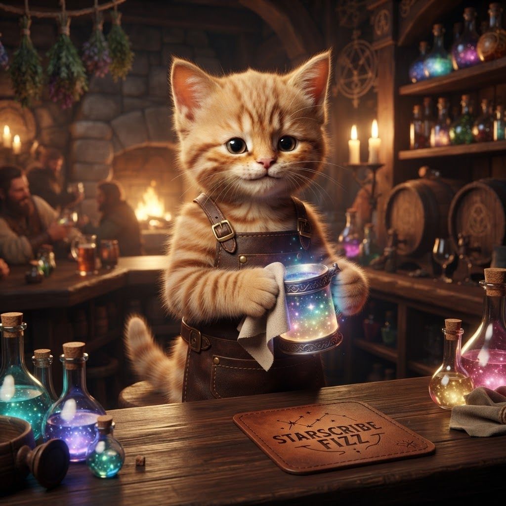 AI Design for Cat fantasy series with tavern bar cat serving you potion named starscribe fizz make him actually behind the bar with like an apron and he's like polishing his mug while he's looking at you to see if you like it do make him short he's behind the counter you can't really see his legs