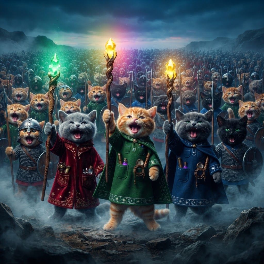 AI Design for On a pretty cool image with so nice lighting and stuff like cinematic lighting make these three cats scream and hold their stands up staff and kind of scream behind them is a cat army of different cat Warriors that are either like tabby kittens like the green wizard black cats like the blue were gray cats maybe blonde all also like Warriors screaming