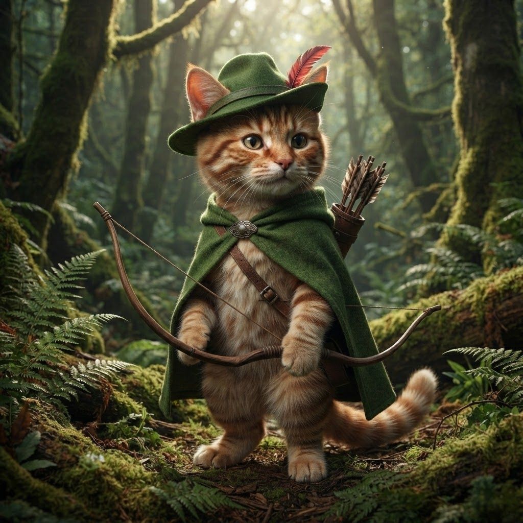 AI Design for The cat that I show you here on the image is how the image I want to look essentially a cat in a forest with all of these features with colored ear tips to stripes All across its body to the cloak to the Hat into all the features being present it make it into a more realistic cat it's still gave its hair that's reddish brown it's it's ears it's ear tips it's stripes on its cheeks on its whole body and really make it iconic in that fantasy feel