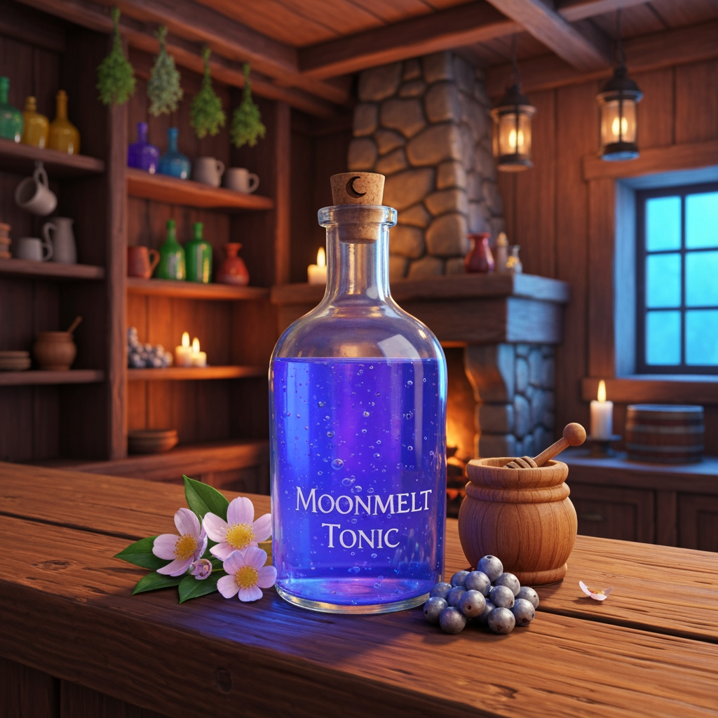 AI Design for 🍹 1. Moonmelt Tonic
Create a realistic cinematic fantasy still-life inside the Bushwhack Tavern in Elderwood. On a beautifully worn wooden tavern counter sits a glass bottle of Moonmelt Tonic, filled with vivid blue-violet liquid that looks physically believable, with translucent liquid, realistic glass reflections, tiny suspended silver particles and subtle natural bubbles. The bottle is handmade and slightly imperfect, with a cork stopper decorated with a tiny crescent-moon carving.
Beside the bottle are realistic Moonmelt Blossoms, Silverdew Berries and a small wooden honey jar, arranged naturally as the ingredients. Behind the counter are wooden shelves containing other colorful bottles, ceramic mugs, herbs hanging from beams and softly glowing lanterns. A stone fireplace casts warm orange light across the tavern while cooler blue light enters through a nearby window.
The environment should feel real and tangible, with physically believable wood grain, glass, liquid refraction, fabric, stone, candlelight and shadows. The fantasy elements should feel naturally integrated into the world rather than looking like cartoon objects.
Flavor: sweet honey, soft berries and a delicate floral finish.
Effect: helps travelers remain alert during long nighttime journeys.
Visual style: realistic medieval woodland fantasy, cinematic photography, natural textures, realistic lighting, vibrant but believable colors, shallow atmospheric depth, handcrafted Elderwood aesthetic, beautiful and nostalgic, no characters, drink prominently centered and completely visible. But here is the thing make it like a realistic a glass bottle from the medieval era like a cat Tavern this is very important and make you like hyper realistic