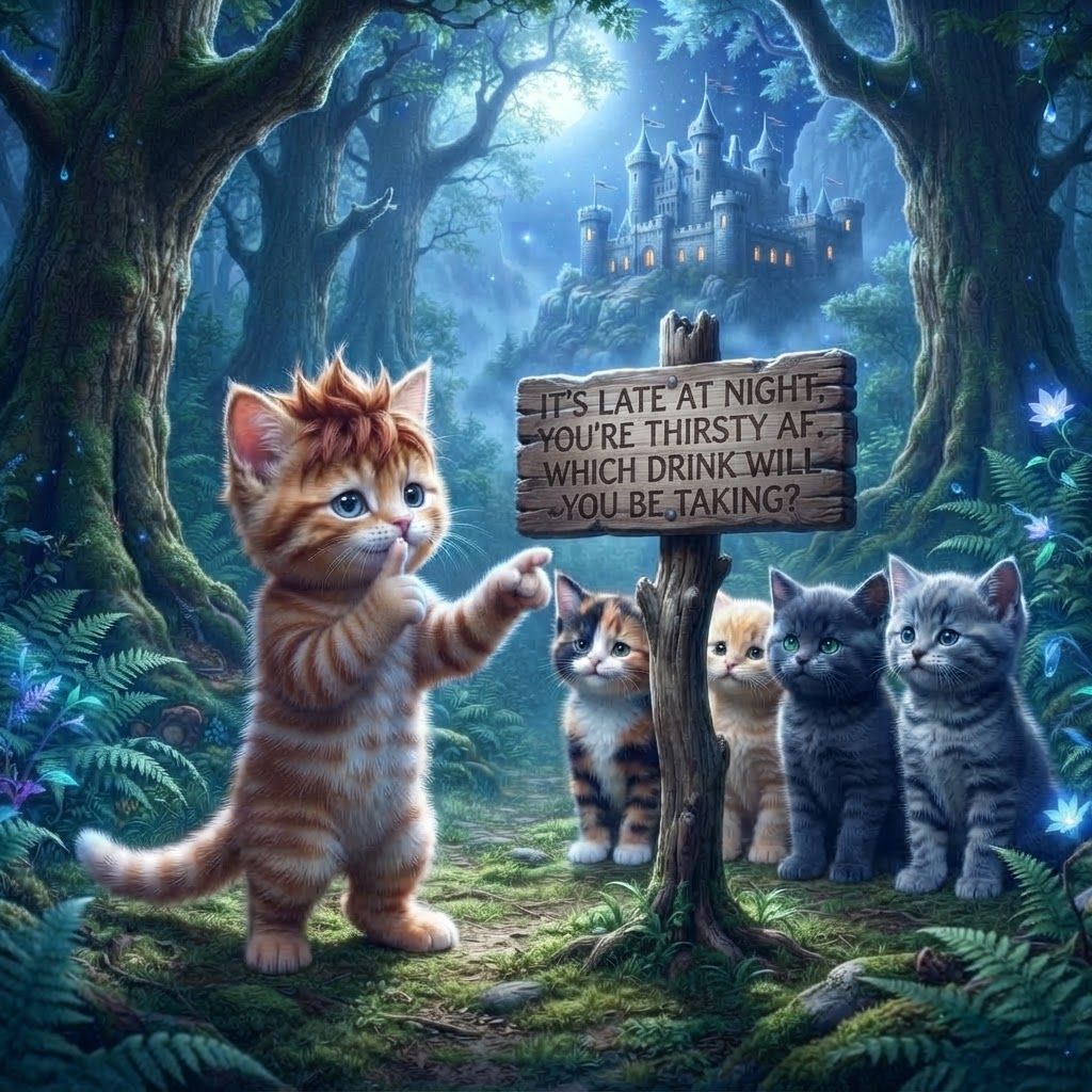 AI Design for Recreate this image with these cats but instead of a sign it says on the sign it's late at night in your thirsty AF which drink are you drinking or like which drink will you be taking and it's like actually night at in the image and it's like beautiful like the kind of shushing but also pointing at the signal fits a other hand he's looking at us telling us to shush