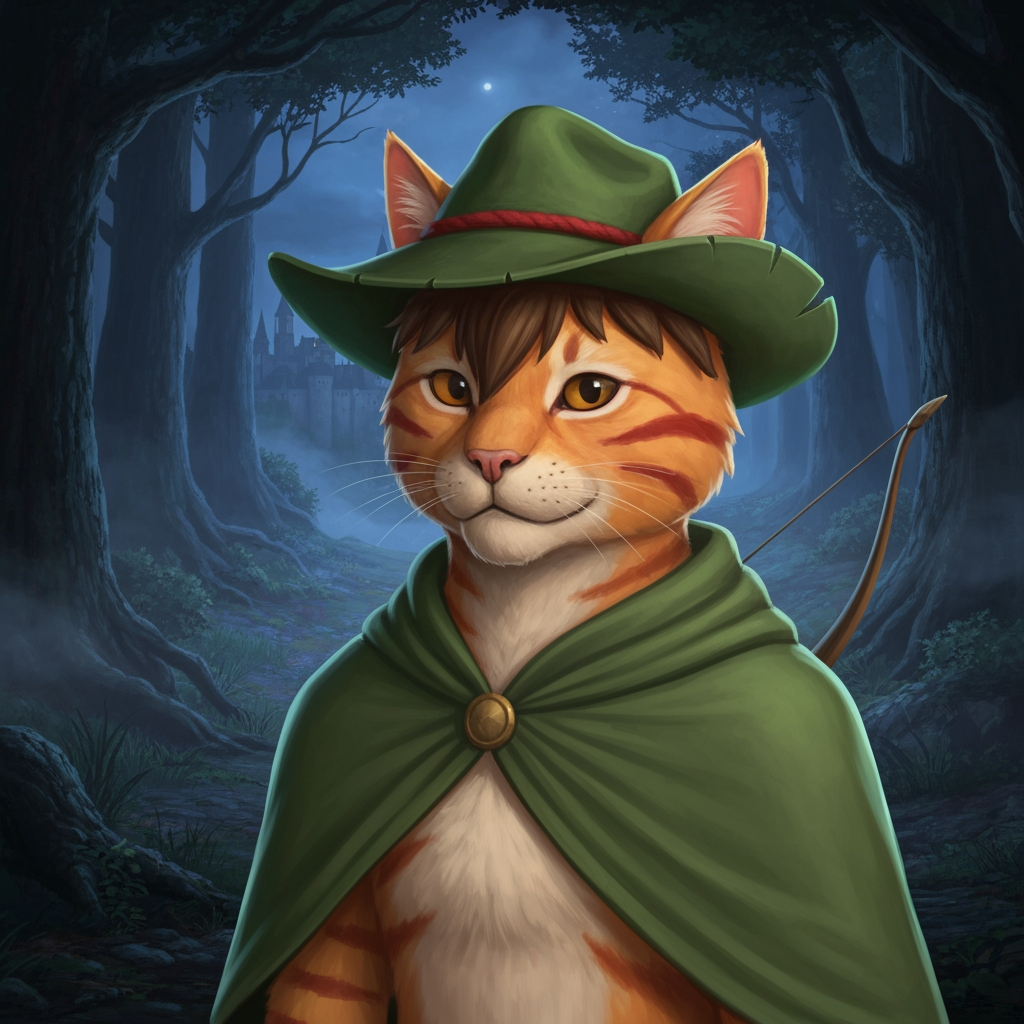 AI Design for Sure — here's the complete description based exactly on what you just described, without adding a new outfit or changing his established design.

🌲 Jasper Embermane — Dark Fantasy Version

Jasper is an orange tabby cat with a natural, slightly realistic feline appearance. His fur should have believable texture and anatomy while still preserving his recognizable Embermane character design.

🐈 Face & Fur

Warm orange tabby fur covering his body.

Slightly darker reddish-brown stripes.

Two reddish-brown stripes on each cheek, one of his most recognizable markings.

His head has his characteristic brown hair/mane, giving him a slightly distinctive, rugged appearance.

His ears are orange, with roughly the upper third of each ear covered in a reddish-brown color.

His facial features should look like a real cat's, but remain expressive enough to recognize Jasper immediately.


🎩 Hat

Jasper wears his familiar green archer's hat.

Natural, slightly worn material.

A simple red band/outline around the hat where the brim meets the main body.

The hat should feel like something made for traveling through a forest rather than polished royal clothing.

Keep the design recognizable and understated.


🧥 Cloak

Jasper wears his familiar green cloak.

It should have a natural, practical appearance, with believable cloth texture and subtle signs of use.

🏹 Equipment

Jasper carries his bow, reinforcing that he's an archer rather than a heavily armored fantasy warrior.

His equipment should remain simple and practical.


---

🌙 Environment

Jasper is standing in a large, atmospheric forest at night.

The forest should feel enormous and ancient, with:

Tall trees surrounding him

Dense woodland vegetation

Deep shadows between the trees

Subtle moonlight filtering through branches

Atmospheric haze or mist

Natural earthy textures


Through an opening in the forest, a large castle can be seen in the distance.

The castle shouldn't dominate the image—it should feel like something Jasper has discovered beyond the trees, giving the scene a sense of exploration and mystery.


---

🎬 Overall Visual Style

The whole scene should have that dark-fantasy AI image aesthetic you were describing:

realistic but fantastical, nighttime, cinematic, atmospheric, slightly dark, natural colors, detailed fur, subtle film-like filtering, deep shadows, and dramatic moonlight.

It shouldn't look like a bright cartoon or overly polished 3D animation.

At the same time, Jasper shouldn't become an ordinary photorealistic cat—the orange fur, reddish-brown markings, brown mane, green hat, red hat band, green cloak, and bow need to make him unmistakably Jasper.