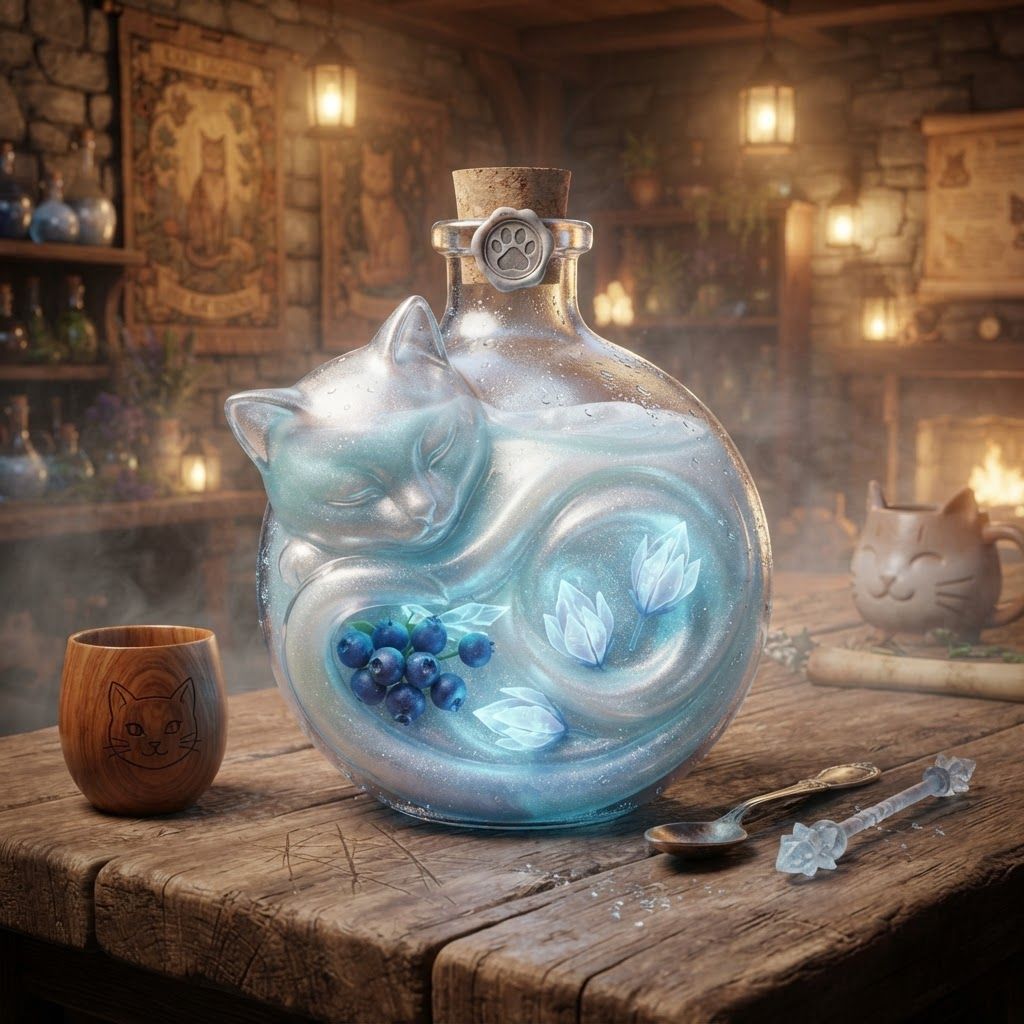 AI Design for Design a cooling potion for a cat fantasy kind of series that is like blue white glittery and include some cool berries along some like Icy flower pod and give it this like special feel like it's in a tavern like served to you nostalgicmake a colorful but don't over complicate the design