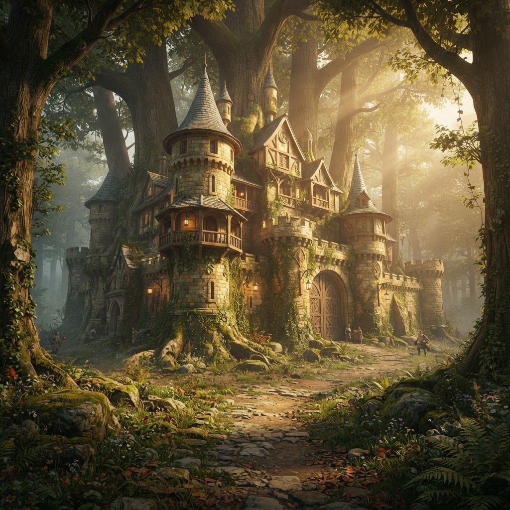 AI Design for Absolutely. Since you’re making the image yourself, I’d make the prompt emphasize the same cinematic realistic storybook look as your Jasper design, but make the castle feel like an actual landmark of Elderwood rather than a generic fantasy castle.
🏰 Elderwood Castle — Image Prompt
> A breathtaking medieval fantasy castle standing at the edge of the ancient Elderwood forest, designed in a cinematic realistic woodland storybook style. The castle should feel beautiful, mysterious, old, and completely believable, as though it has existed for centuries.
The castle is built from warm weathered gray and slightly golden stone, with tall rounded towers, elegant pointed rooftops, wooden balconies, stone bridges, narrow arched windows, carved details, ivy, moss and small plants growing naturally across the walls. Combine traditional medieval architecture with subtle woodland craftsmanship—wooden beams, carved leaves, tiny animal motifs, hanging lanterns, and beautifully crafted gates.
The castle should sit naturally among the enormous trees of Elderwood, with the ancient forest surrounding and partially framing it. Giant trees rise behind the castle, their branches forming a natural canopy around the towers. A winding stone-and-dirt road leads from the forest toward the enormous castle gates.
The scene should feel peaceful and majestic rather than dark or threatening. Warm late-afternoon sunlight filters through the trees, creating beautiful shafts of light and soft golden highlights across the castle walls. Include distant mist between the trees, subtle fireflies, moss-covered stones, wildflowers, ferns, fallen leaves and other tiny environmental details that make the forest feel alive.
Include only a few small cat guards in the distant background, standing near the castle entrance and along the walls. They should be realistic woodland cats wearing simple medieval guard clothing and carrying practical equipment. They are background details rather than the focus.
No main characters, no large groups of characters, no modern objects, no exaggerated magical effects.
Composition: wide cinematic establishing shot, castle clearly visible as the centerpiece, enormous forest surrounding it, winding path leading toward the entrance, strong sense of scale and depth.
Visual style: realistic detailed feline-and-woodland fantasy, natural realistic textures, believable stone and wood, detailed but not hyper-photorealistic, cinematic lighting, soft atmospheric depth, rich earthy greens and browns, warm golden sunlight, nostalgic storybook feeling, beautiful fantasy film concept art, subtly dreamlike and timeless.
I’d especially keep the fireflies and tiny environmental details subtle. That'll make it feel like the castle is genuinely sitting inside a living Elderwood rather than looking like a castle pasted onto a forest background. The images in the prompt bar or how I want to display you the lighting I really like this lighting because it gives off a very nostalgic feel like you're trying to revisit an old memory but you can't really get it right
