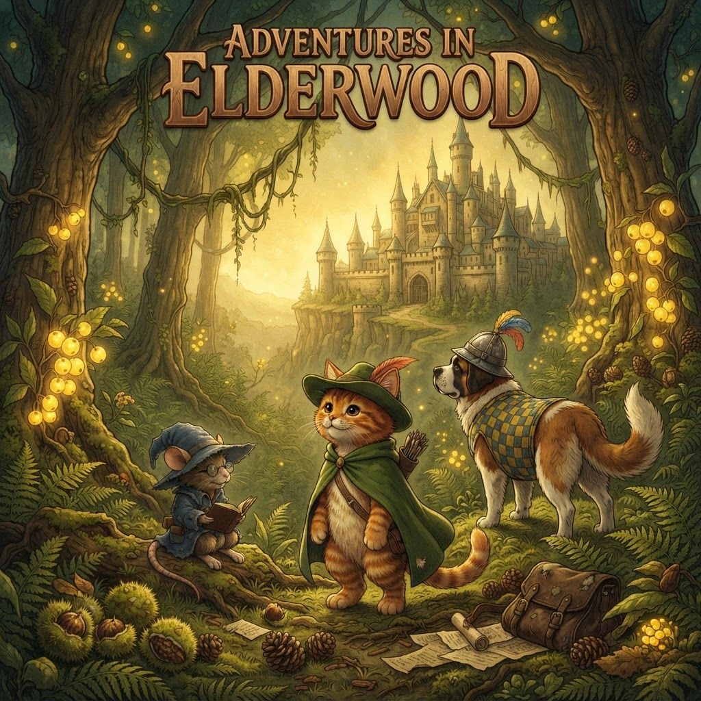 AI Design for Take these three characters well like best friends and pose them in this sort of old fantasy series kind of image where they're in this like Forest named elderwood and it's essentially like this really beautiful Forest with like a warm yellow light but it's kind of midnight yet it's kind of not and you can't really tell but the forest has this particular glow by glow berries that are yellow we have chestnuts pine cones elder wood it's a really old Forest with bushes and beautiful vines hanging everywhere essentially like a really classical forest and then you would have a giant Castle I'm essentially the image layout would be the main character this cat character posing looking at the castle into the wilderness of the of the outside world because he was in the forest and then the other two characters kind of posing and they're all looking and it's like a poster