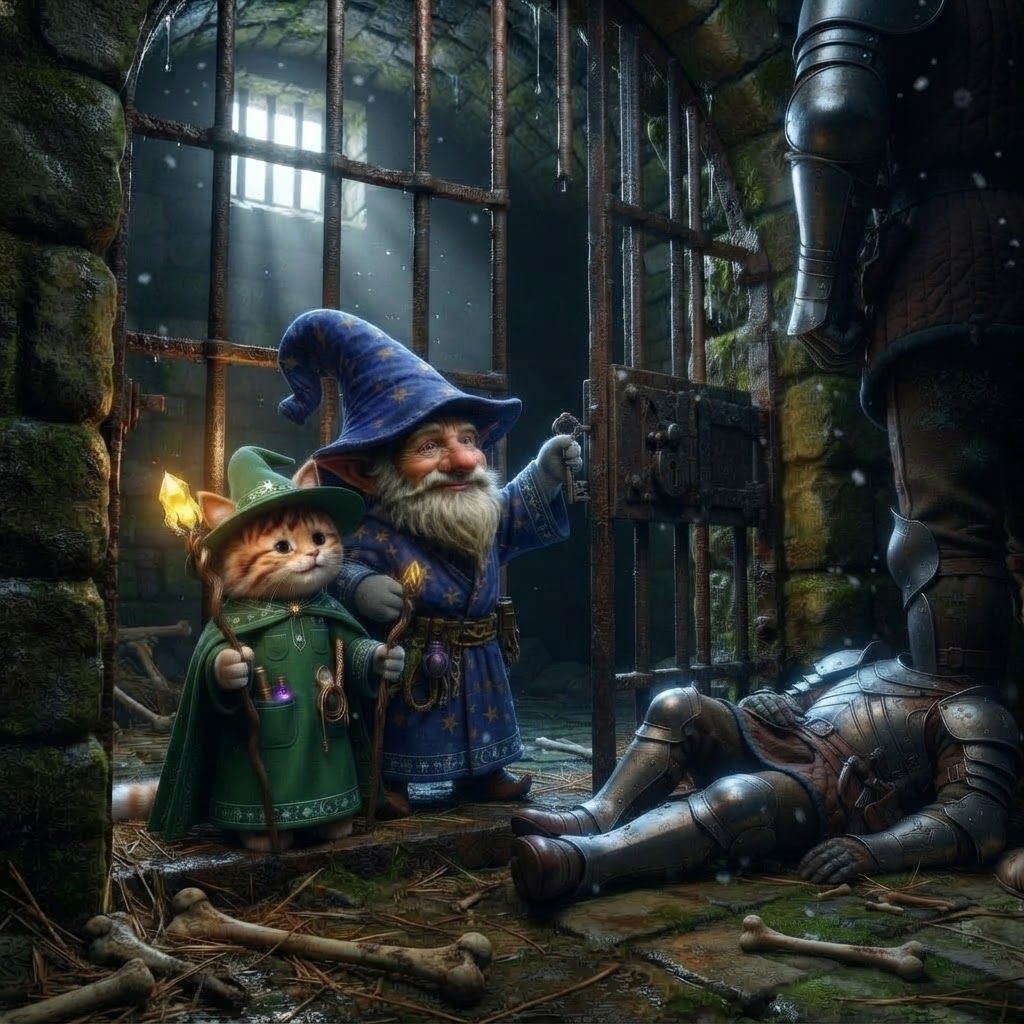 AI Design for Make the snow open the gate for them and give them back their staffs because he's the good guy so like Make the night fall and  put the gnome on top of him so he can reach the gate and unlock the gates of so they can survive make the night fall and kind of die