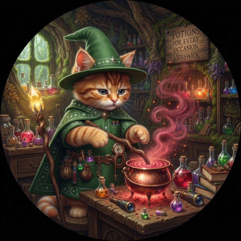AI Design for All right this is what I want you to do take this design take all the elements like the colored ear tips like the stripes the color the fur everything put in in a Fantasy worlds where he's inside of a room where he's cooking up a potion and it's a giving off like a red dust and like smoke and he saw very cool and magical and I can use it as my profile picture and he's using the other end of the Stick which doesn't have the crystal to make stuff this red concoction