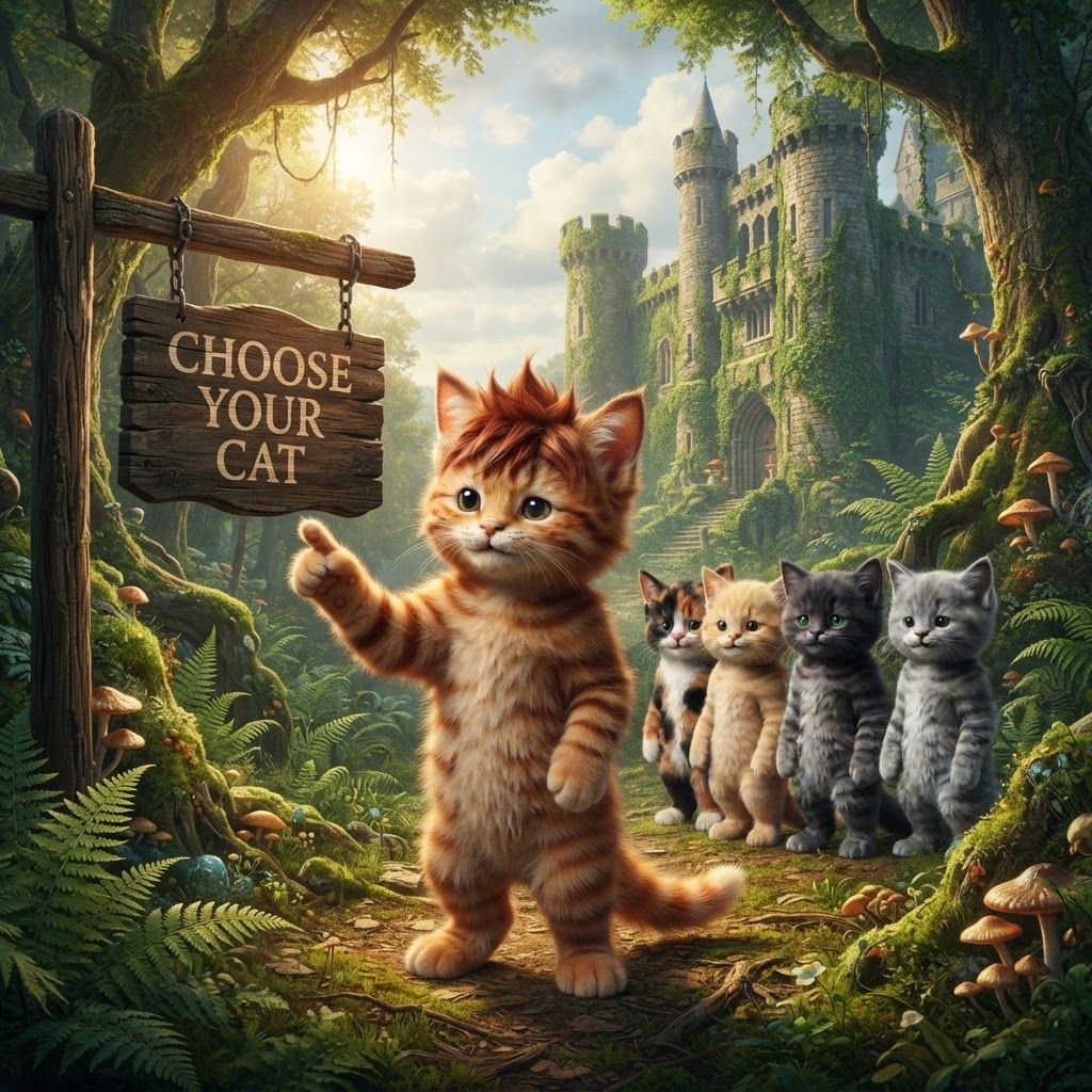 AI Design for So make these cats be in a fictional Forest with the castle and assigned it says choose your cat with the orange tabby ginger CAD with the brown stripes be like in the focus and he's pointing to the sign of his finger
